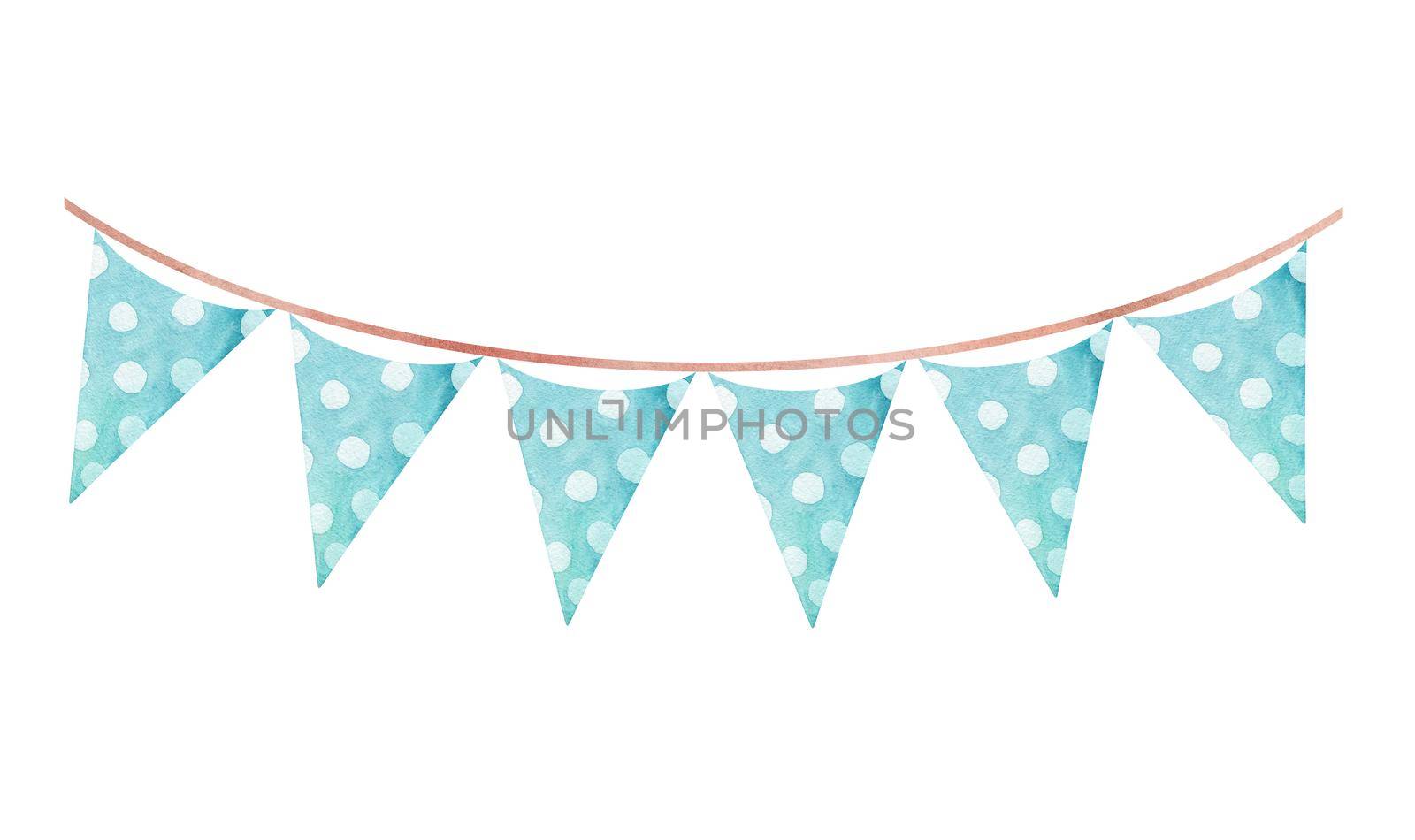 Watercolor blue birthday party garland with triangle flags isolated on white background. Greeting card decoration by dreamloud