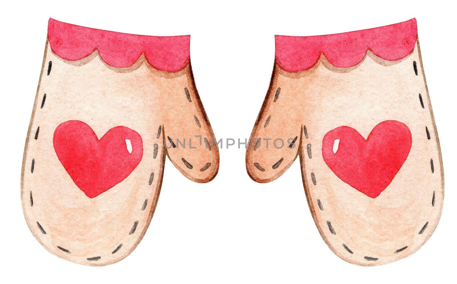 watercolor brown mittens with red hearts on white background