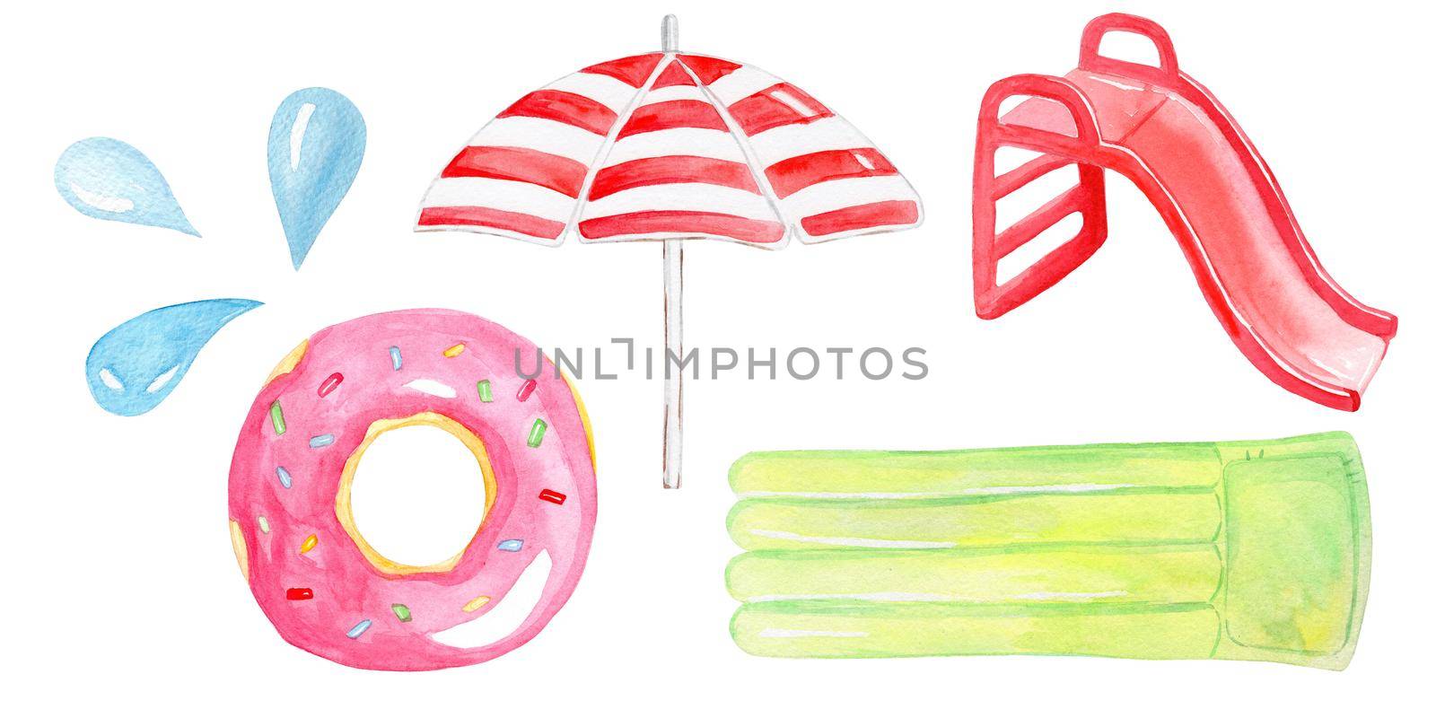 watercolor hand drawn rubber floats for swimming pool and vacation set isolated on white background by dreamloud