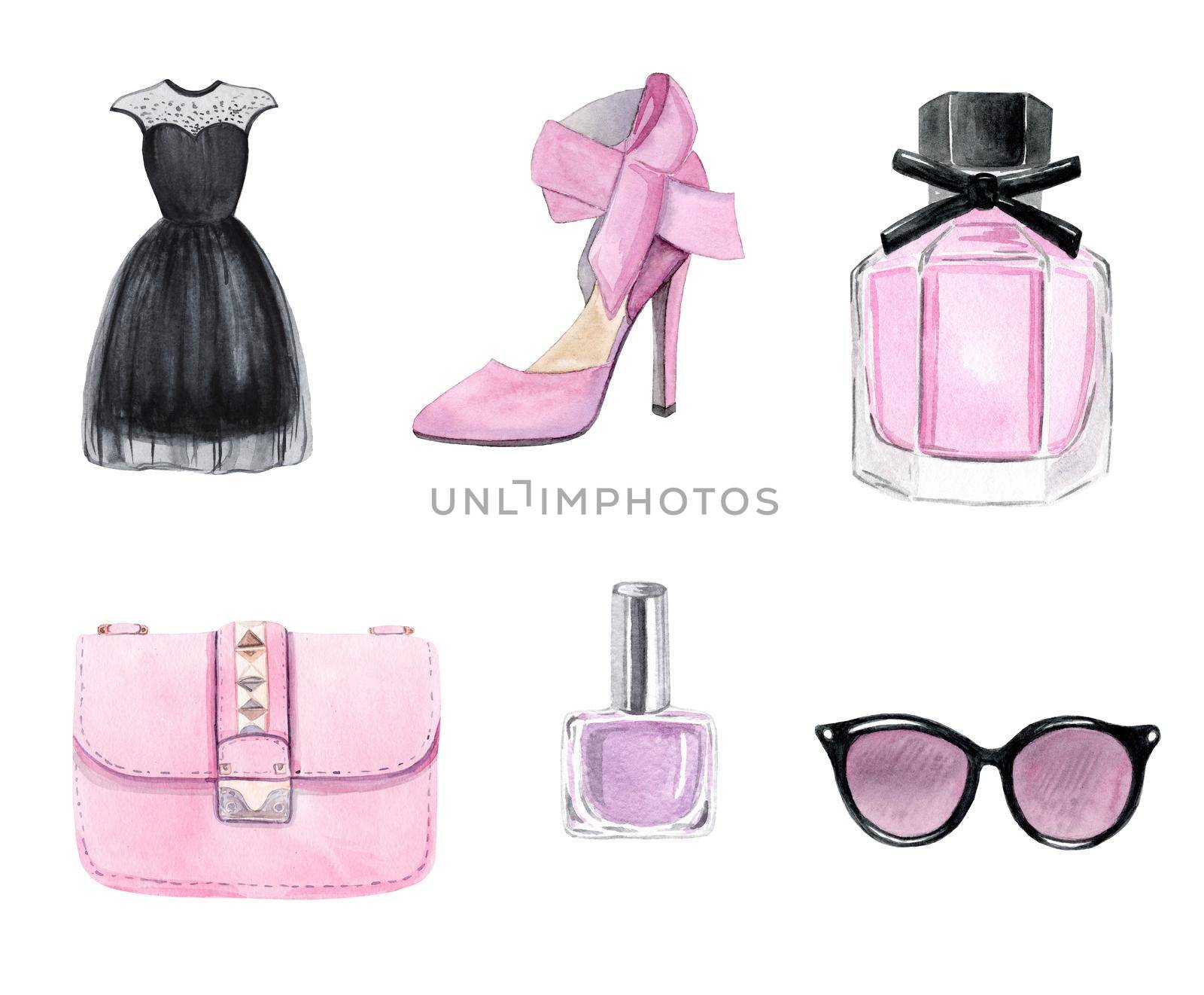 watercolor pink fashion accessories set isolated on white background. Shoes, perfume, dress, bag, sunglasses, polish clipart. For planner stickers, textile prints, DIY projects