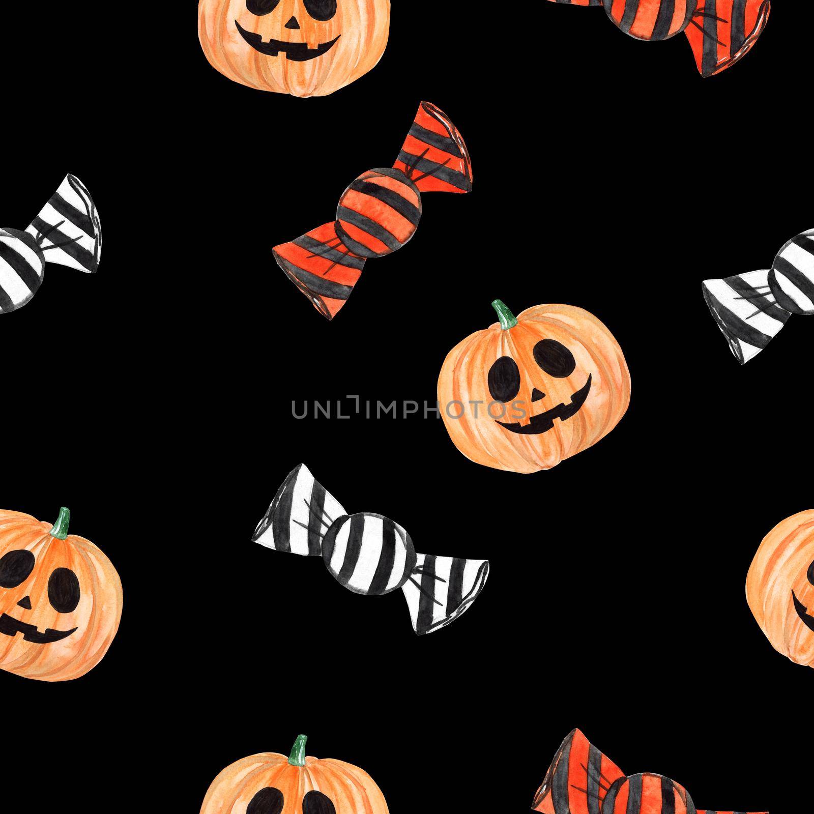 halloween seamless pattern with watercolor pumpkin and sweets on black background. For fabric, textile, wrapping, scrapbooking by dreamloud