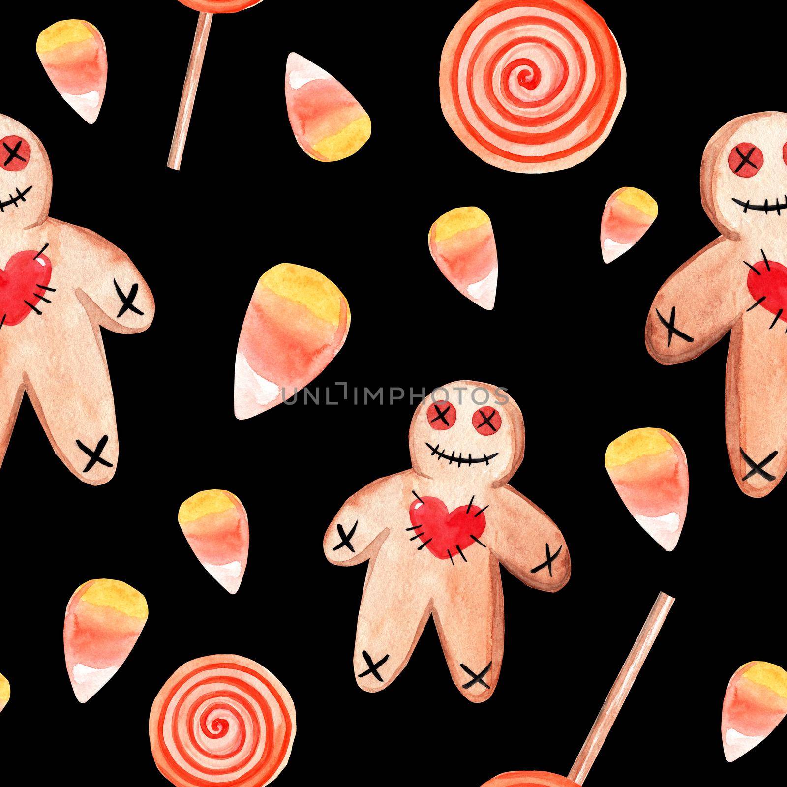 watercolor halloween gingerbread man and candy corns seamless pattern on black background. Use for fabric, wrapping, textile, party decoration, scrapbooking by dreamloud