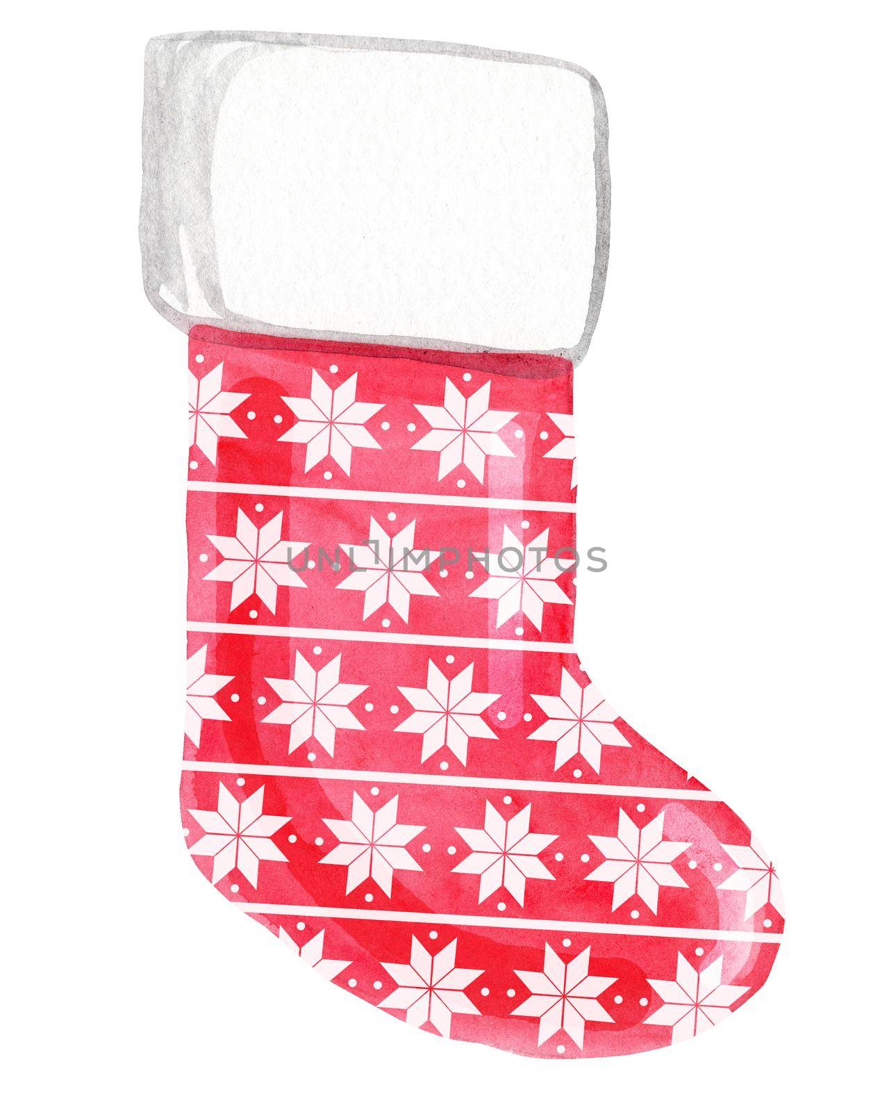 watercolor red christmas stocking with snowflakes pattern isolated on white background by dreamloud