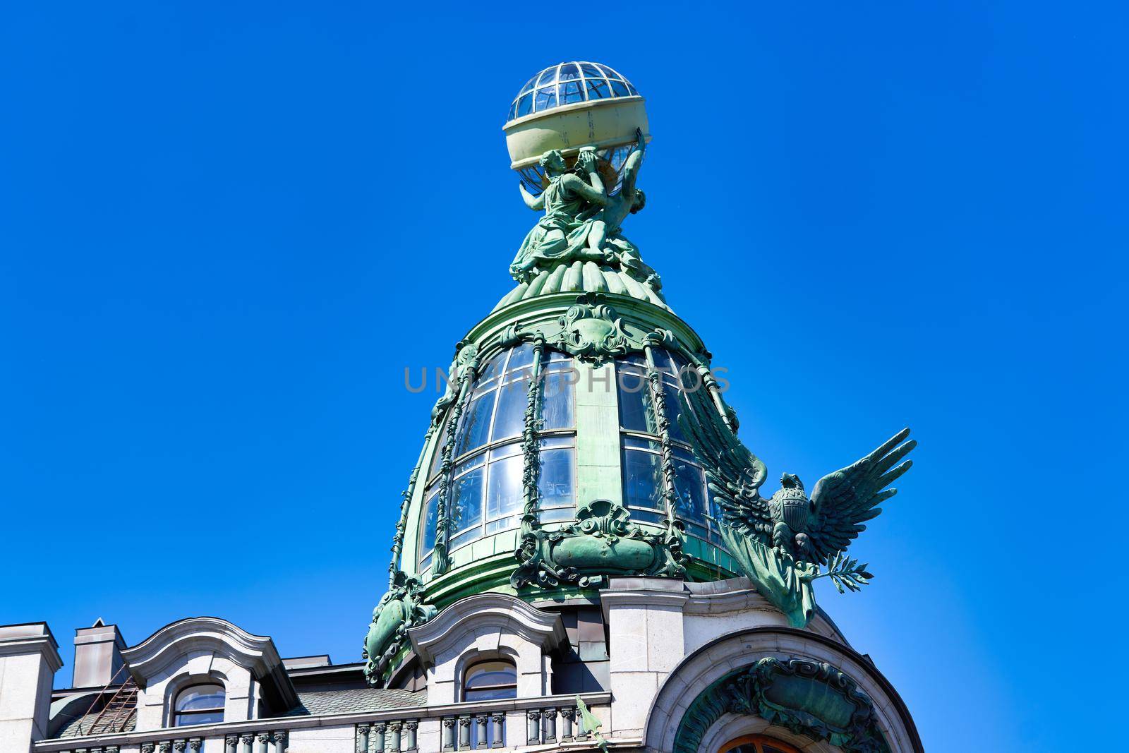 View of architectural details of the famous Singer House Building in St. Petersburg. House of Books city landmark