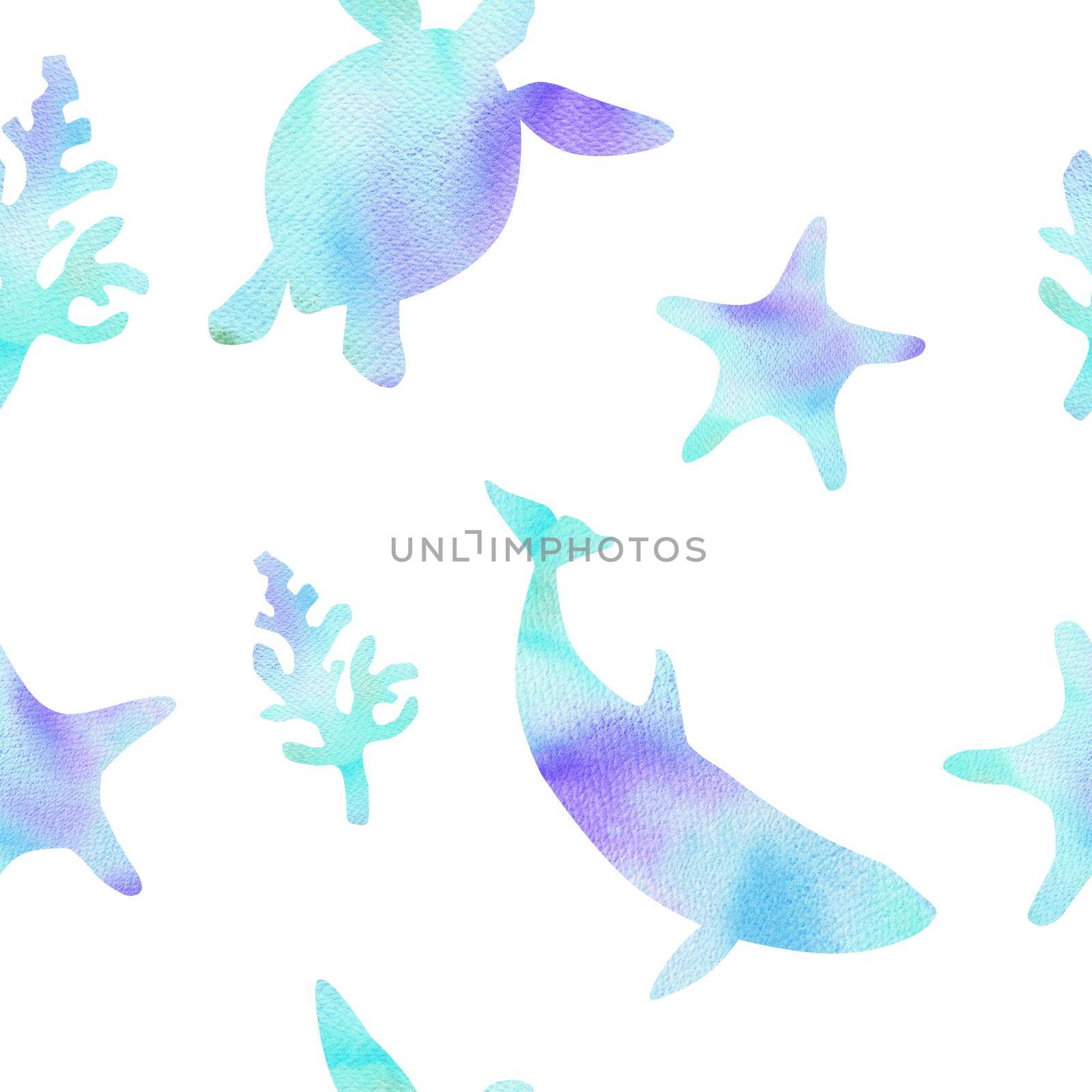 watercolor blue whale and turtle seamless pattern on white background for fabric,textile,wrapping,scrapbooking. Underwater life. Ocean animals by dreamloud