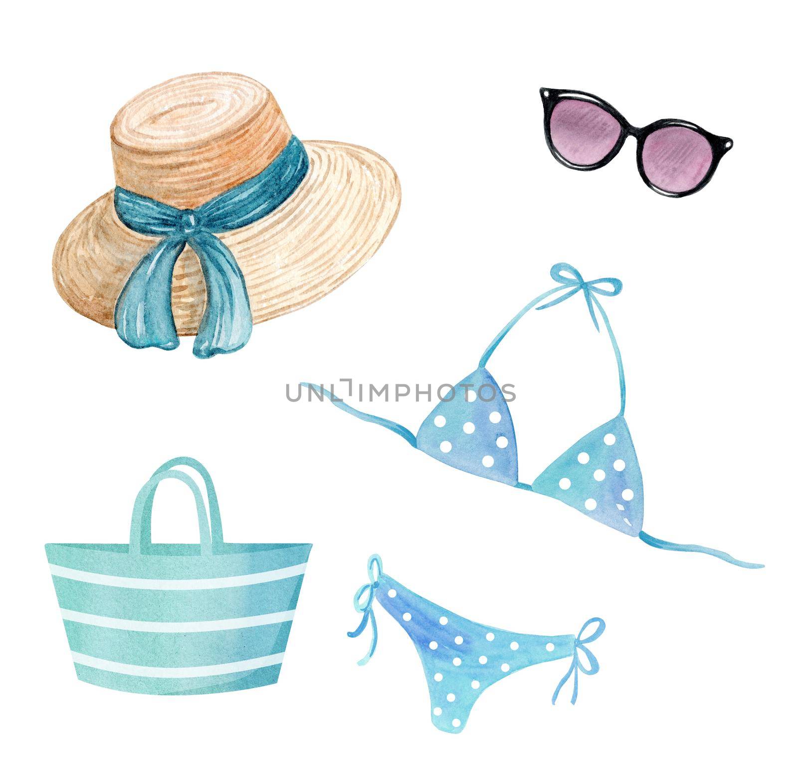 Watercolor beach woman clothes and blue accessories set isolated on white background. by dreamloud