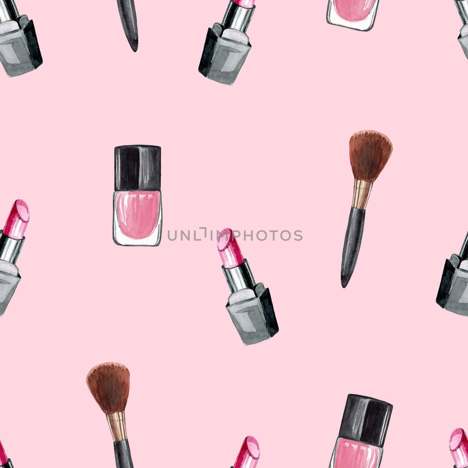 watercolor fashion cosmetics seamless pattern on pink background. Brush, nail polish and lipstick. For fabric, textile, wrapping, clothes, scrapbook by dreamloud