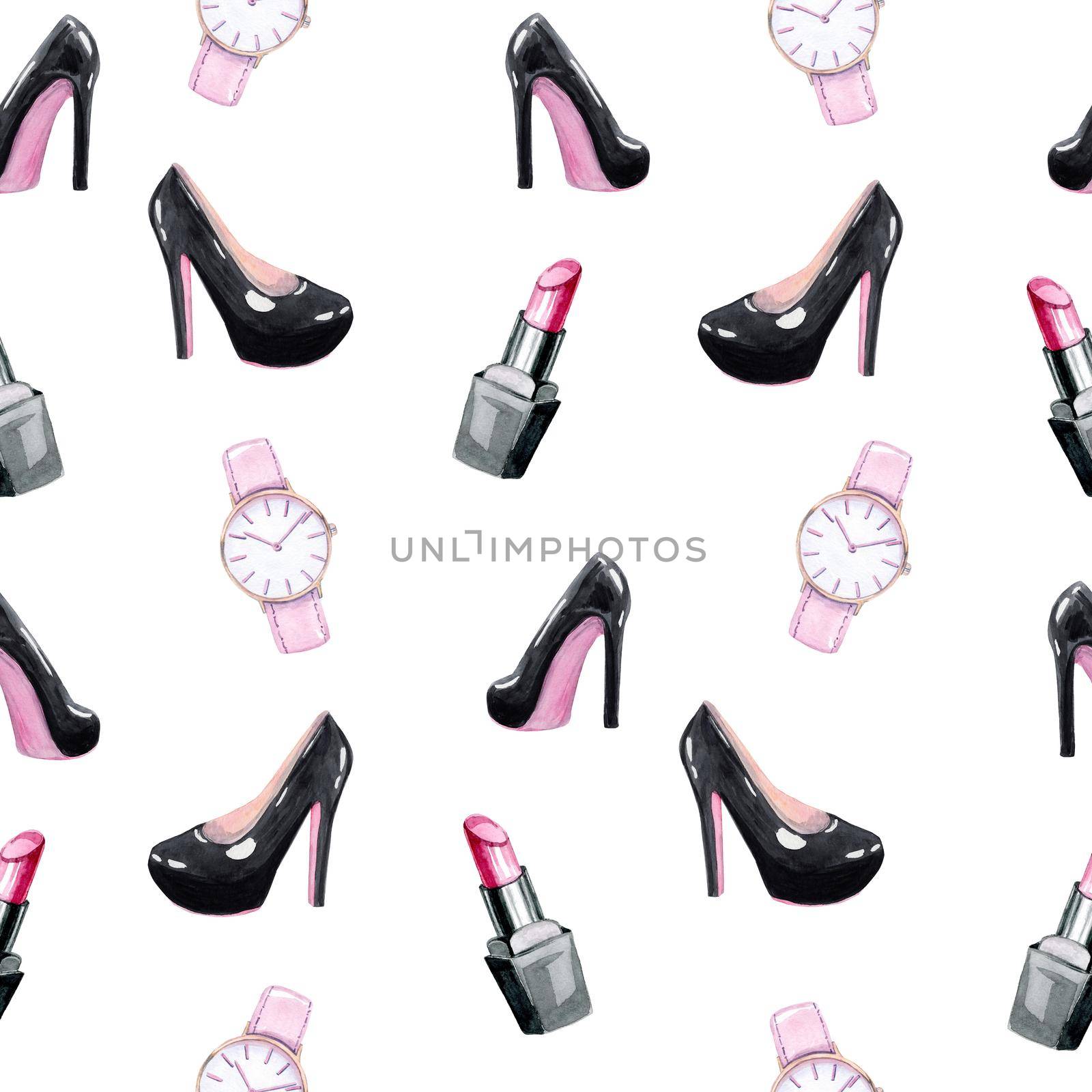 watercolor woman black shoes and watches seamless pattern on white background. Fashion accessories print for fabric, wrapping, wallpaper