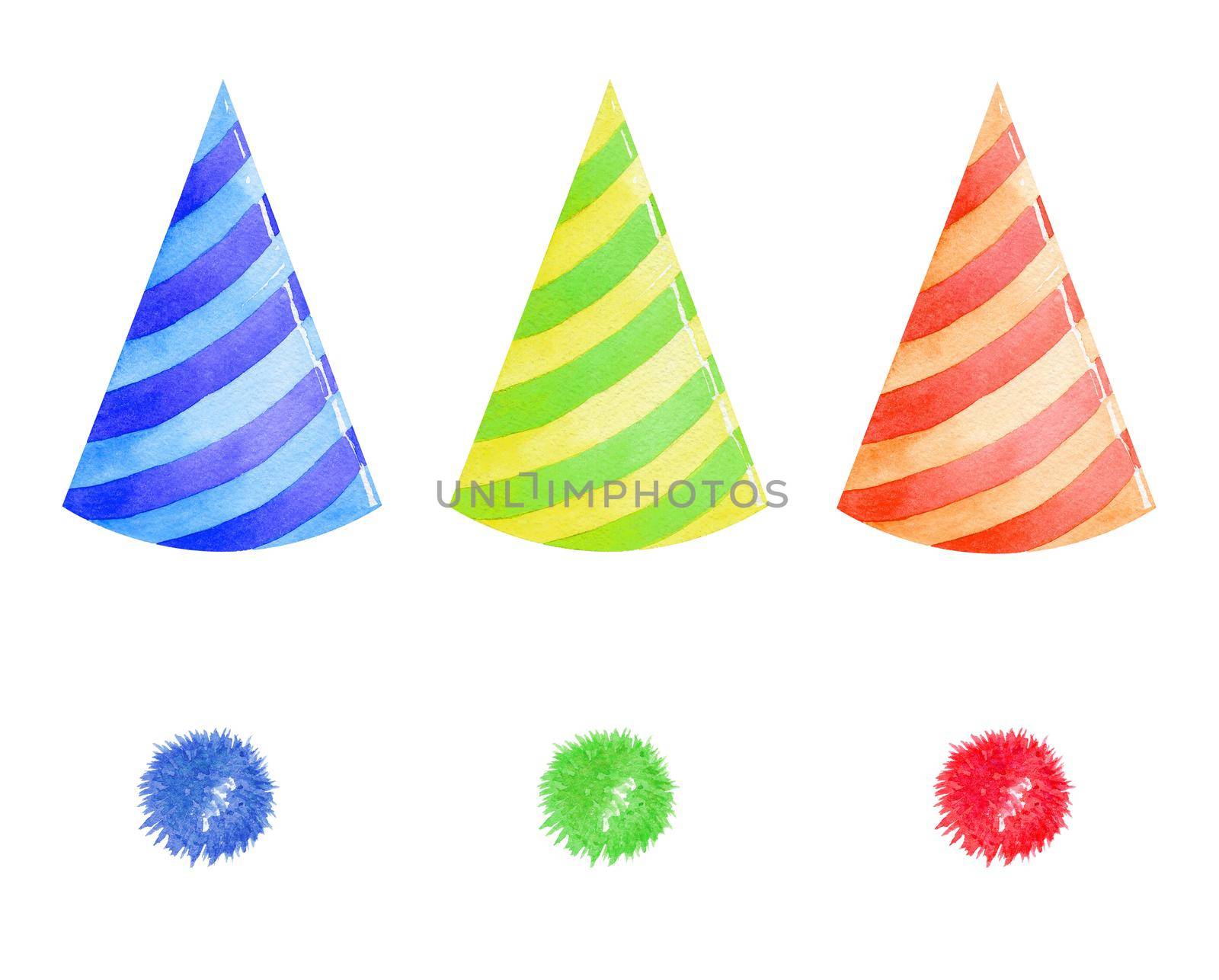 watercolor multi colored party hats set isolated on white background