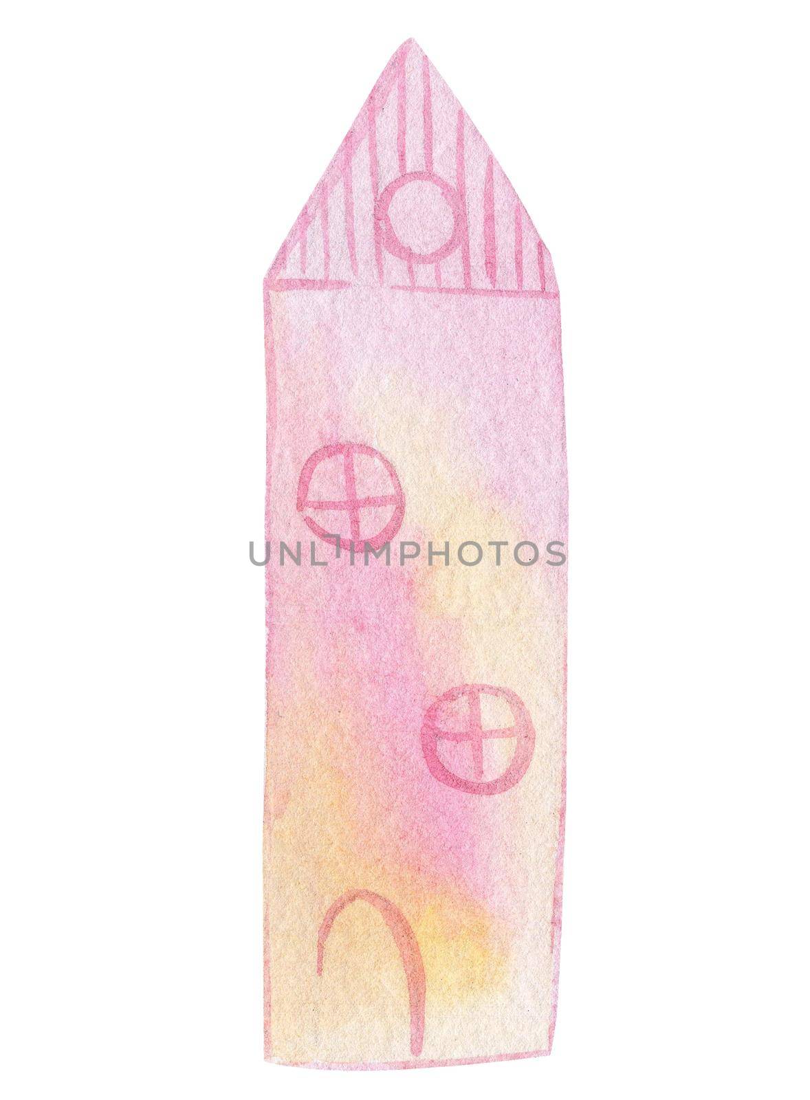 watercolor hand drawn pink tall house with windows isolated on white background