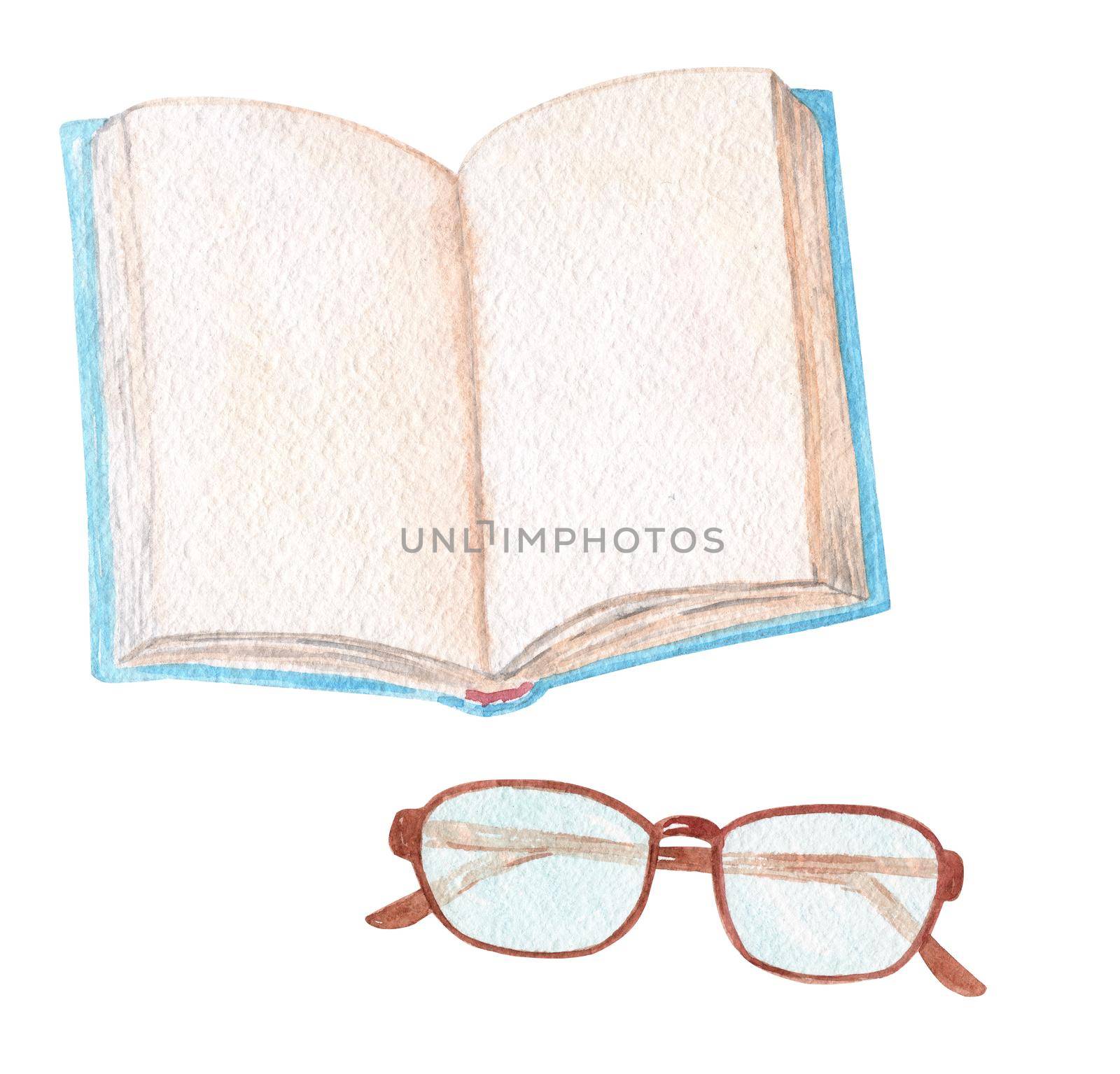 watercolor hand drawn book and glasses set isolated on white background by dreamloud