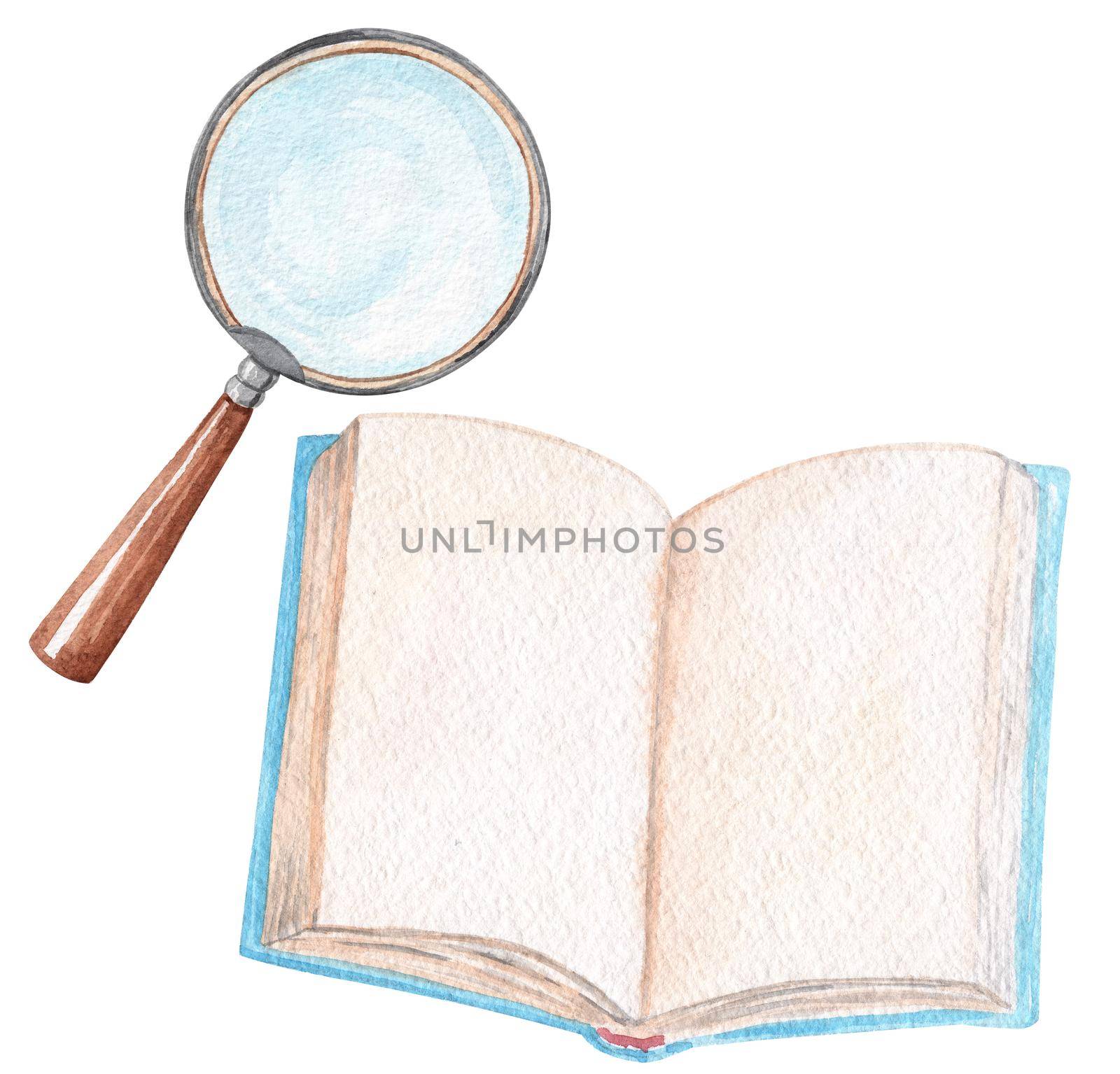 watercolor open book and magnifier set isolated on white background