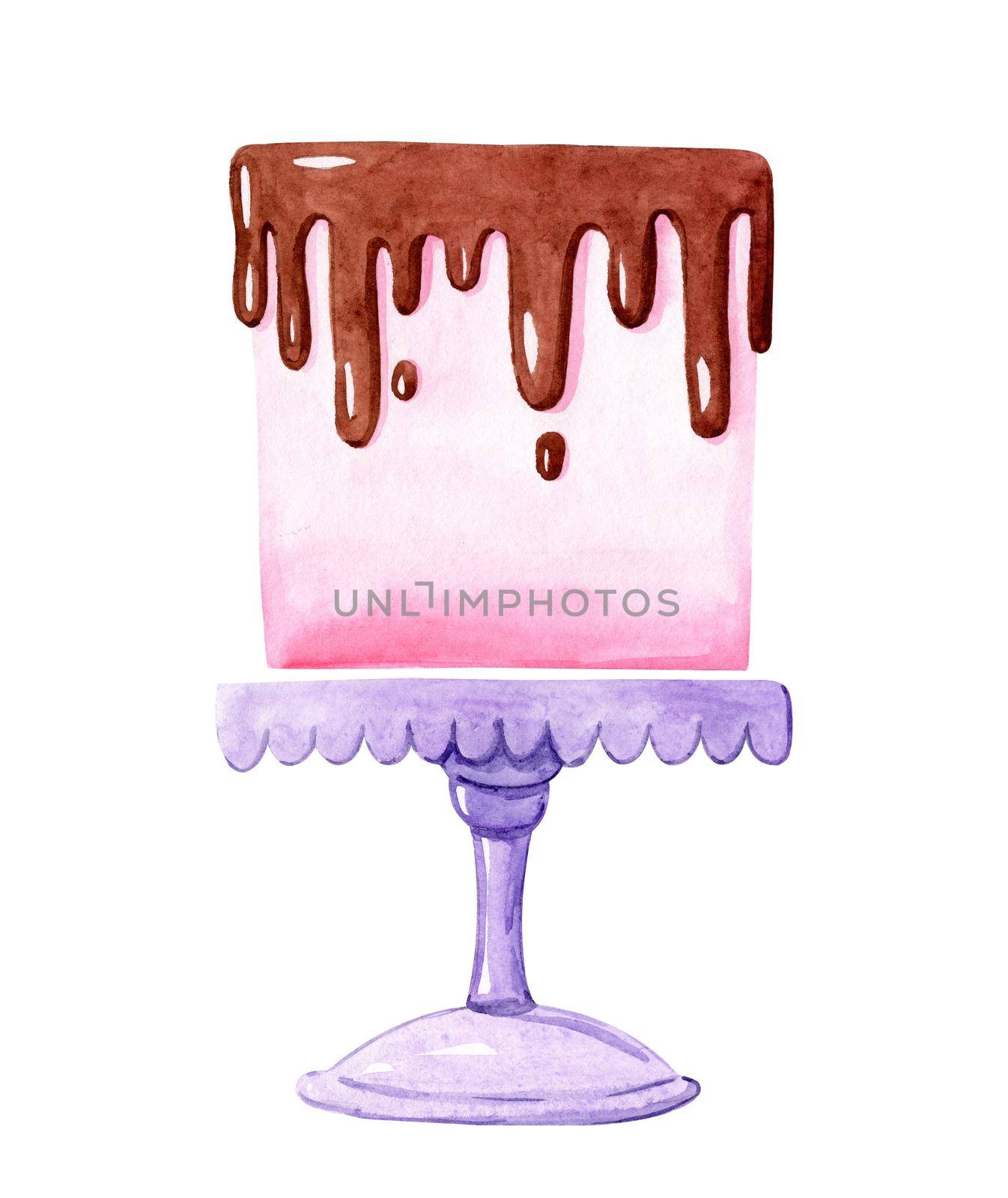 watercolor pink cake on purple stand isolated on white background. Bakery logo, catering design by dreamloud