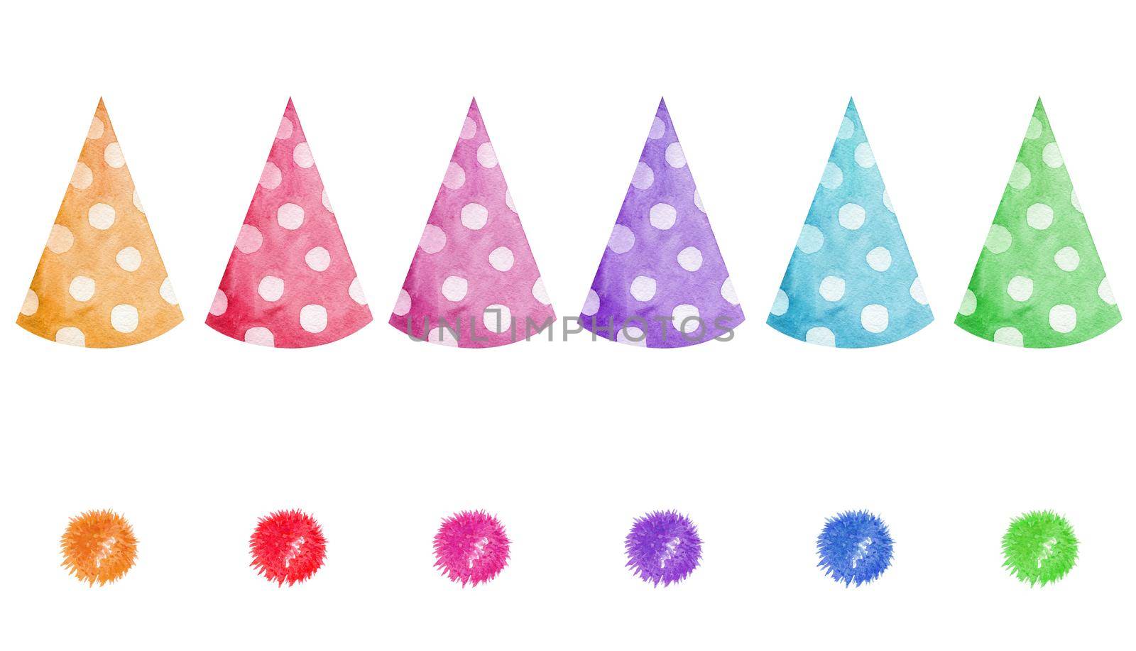 watercolor colorful party hats set isolated on white background. For birthday party decor, cards design by dreamloud