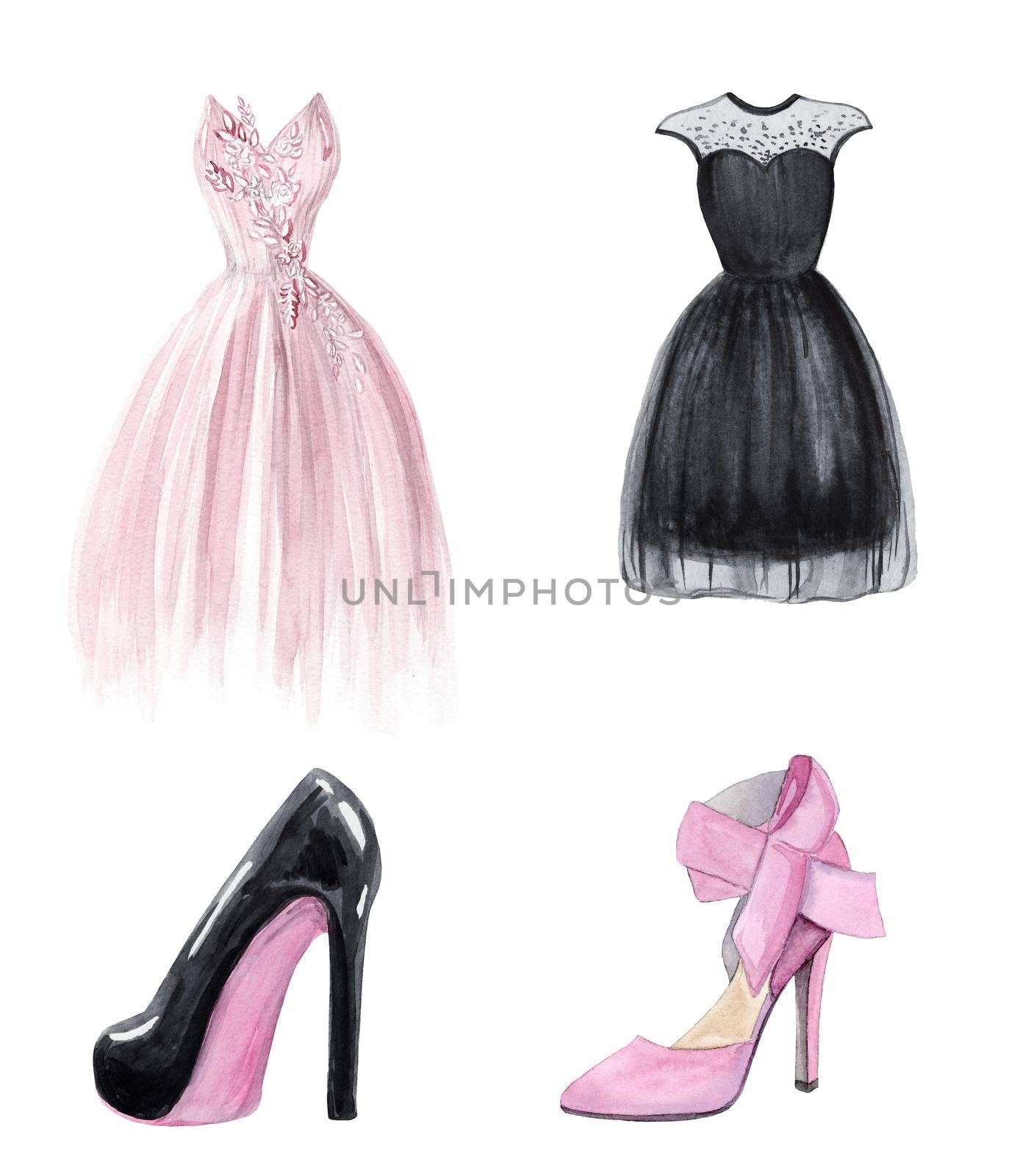 watercolor pink and black dresses and shoes fashion set isolated on white background