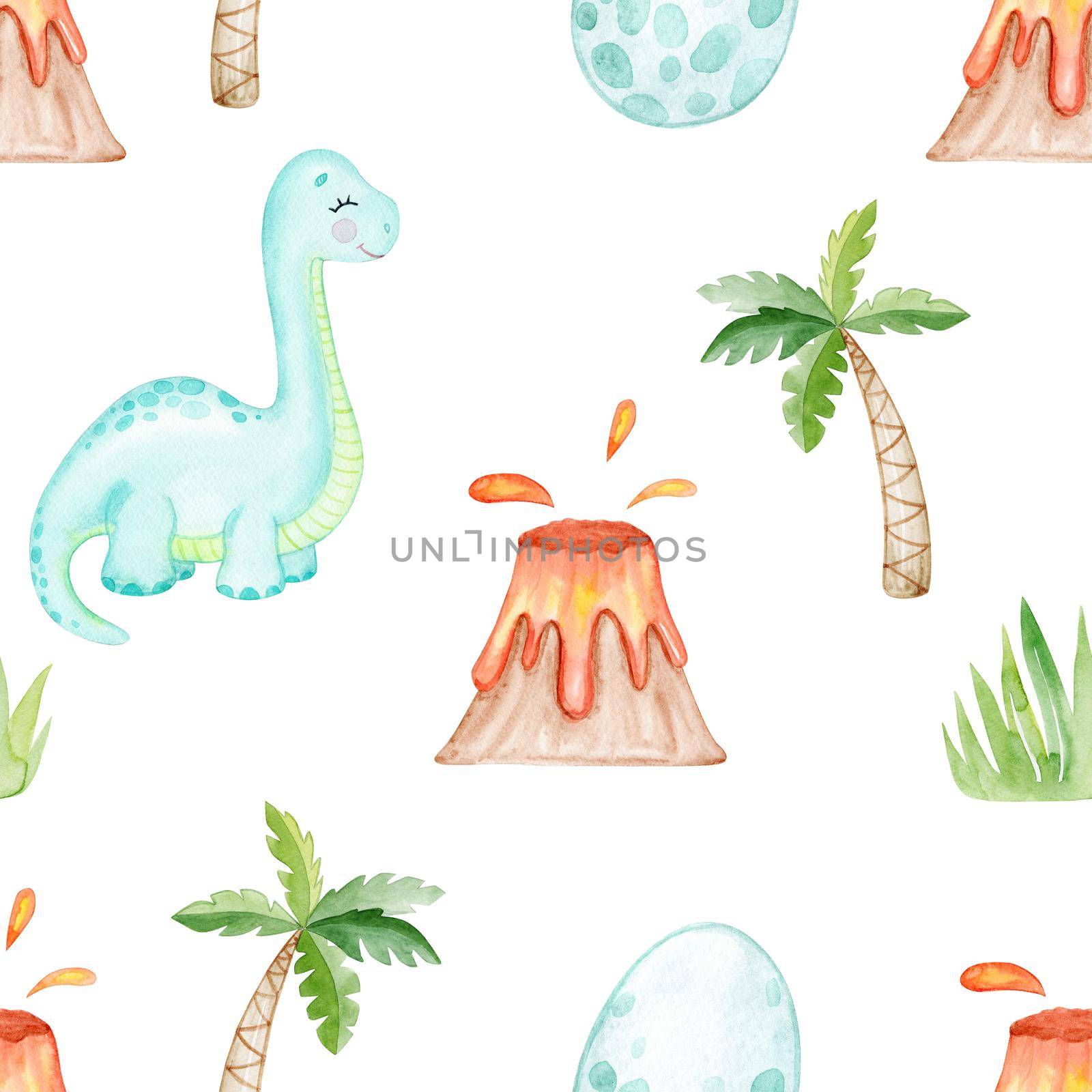 watercolor blue baby dinosaur seamless pattern on white background. Cute diplodoc print for baby fabric, textile, wrapping, scrapbook , wallpaper by dreamloud