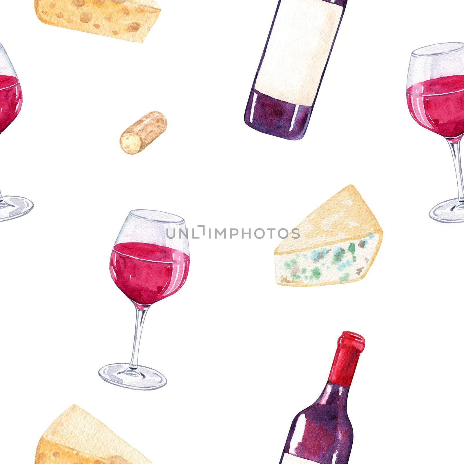 watercolor red wine and cheese pattern on white background for menu design, textile, napkins, cafe wallpaper