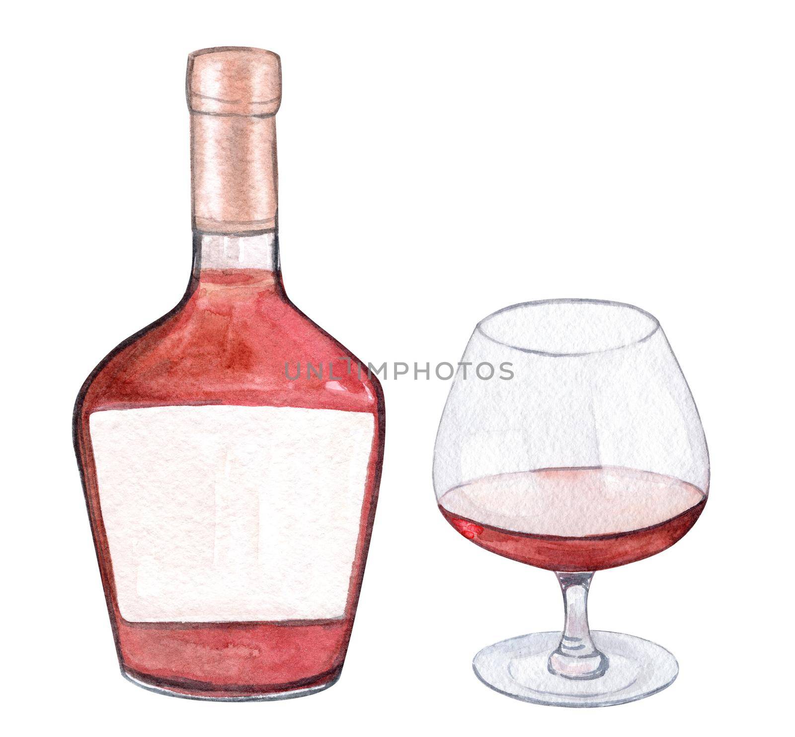 watercolor cognac bottle and glass isolated on white background. Alcohol beverage