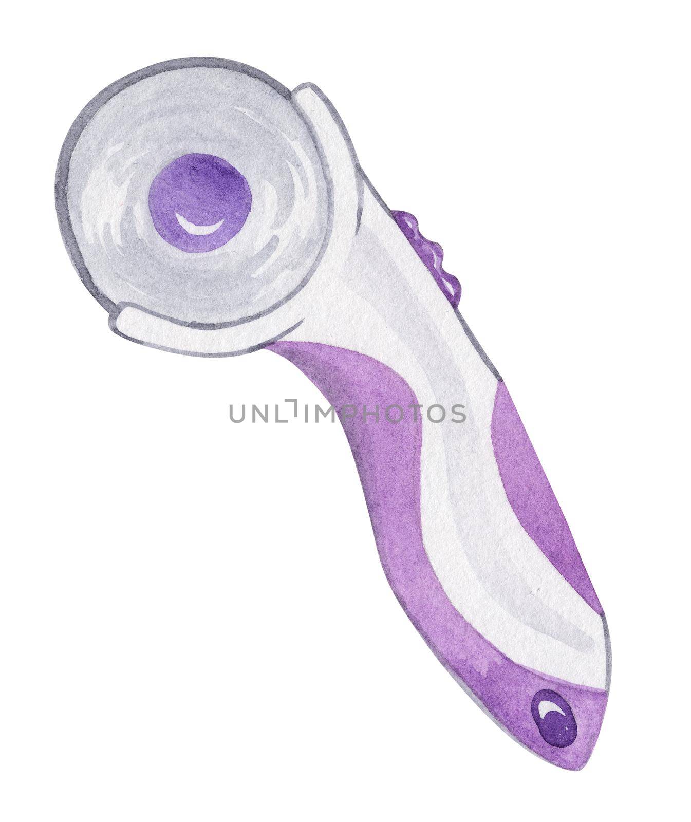 watercolor rotary cutter for scrapbook isolated on white background. Purple cutting tool illustration by dreamloud