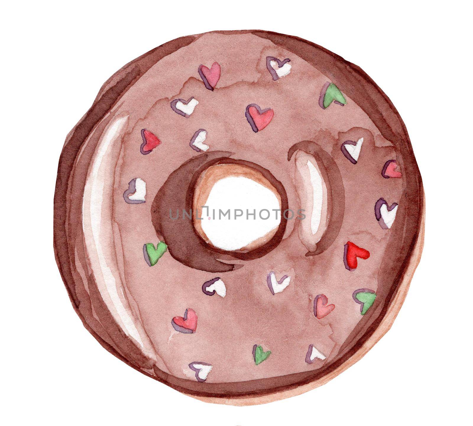 Watercolor hand drawn round chocolate sprinkle glazed donut isolated on white background