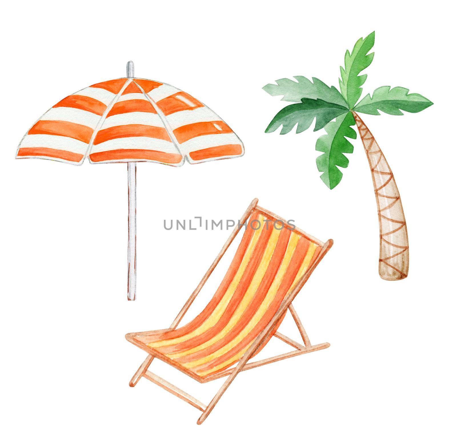 Watercolor deckchair, parasol and palm set isolated on white background. Summer beach Tourism hand drawn illustrations