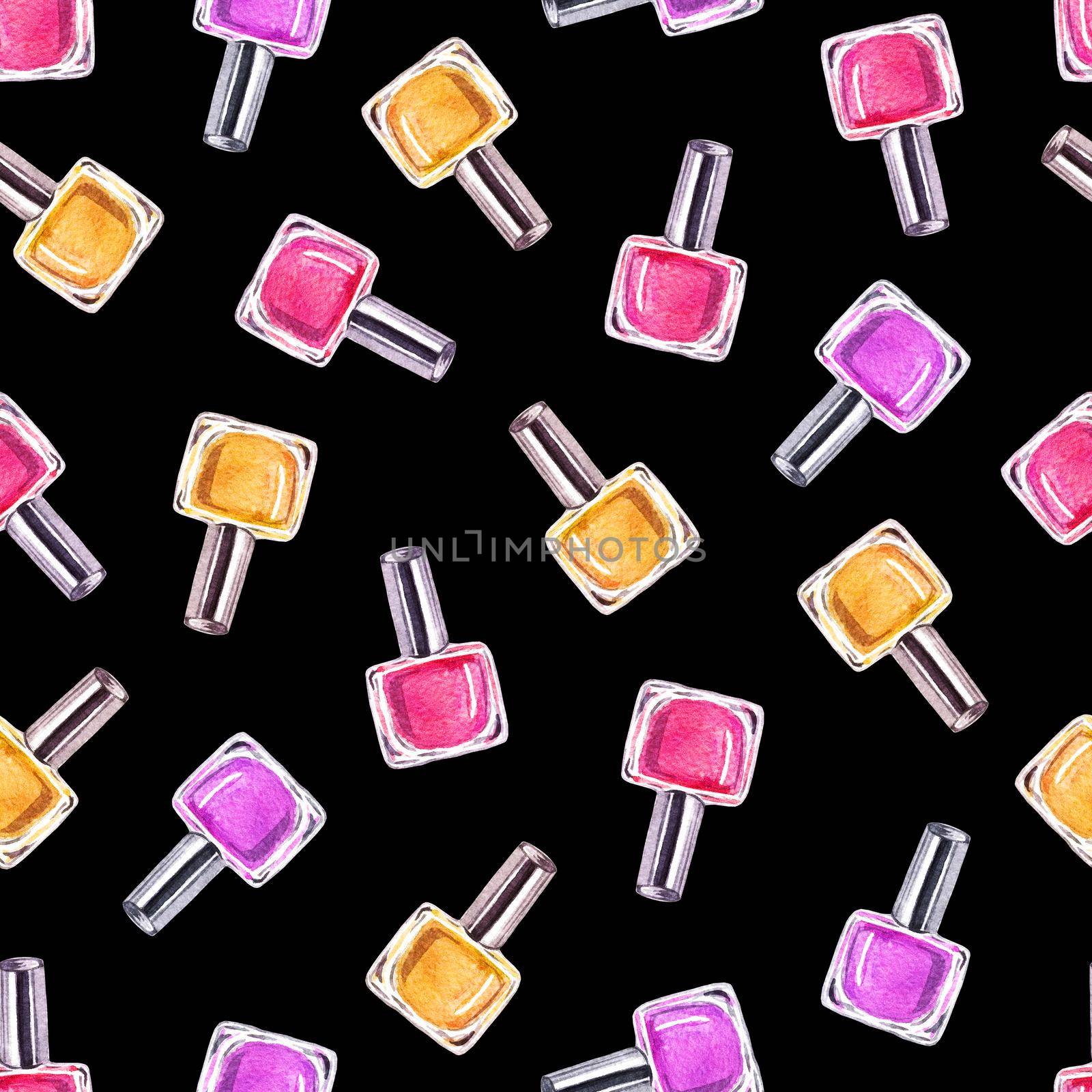 Colorful nail polish seamless pattern on black background. Watercolor fashion print by dreamloud