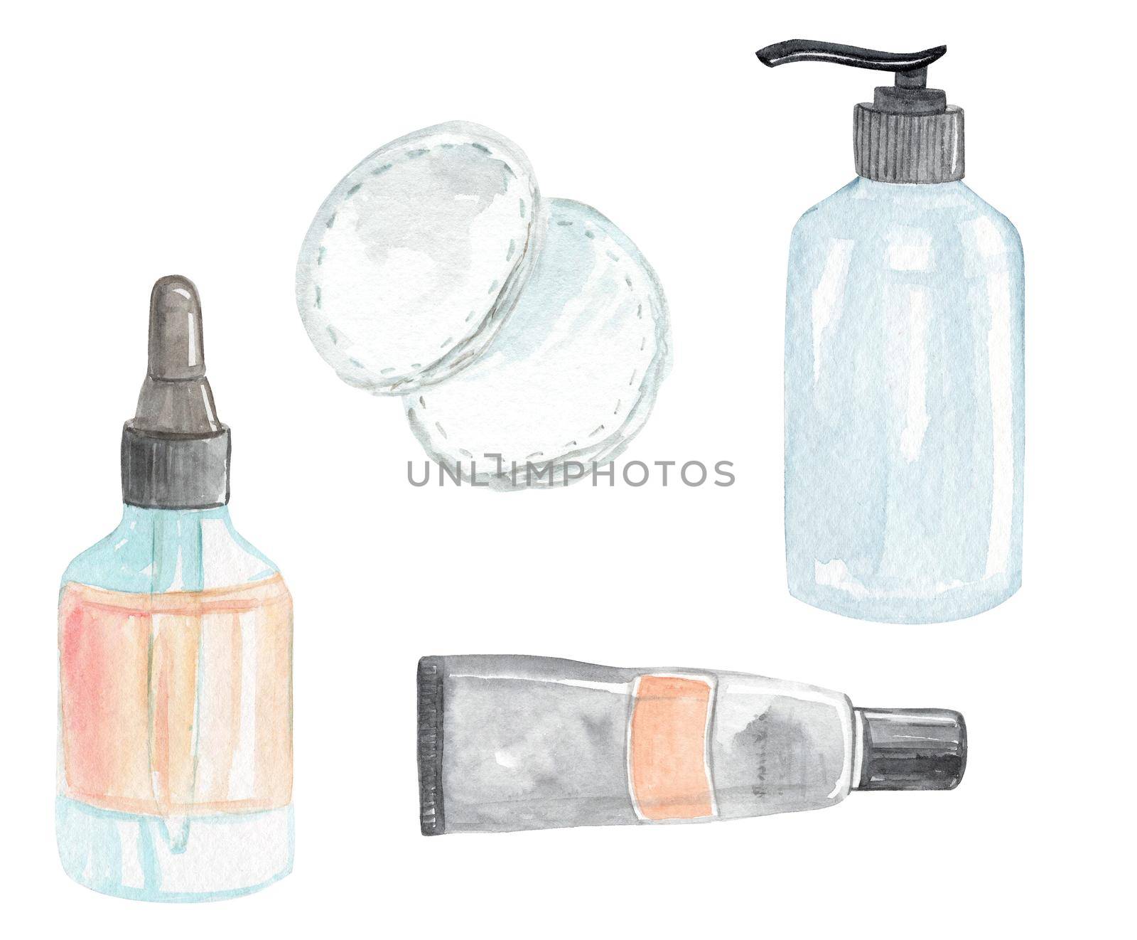 watercolor skin care blue bottles set isolated on white background. For Beauty industry design