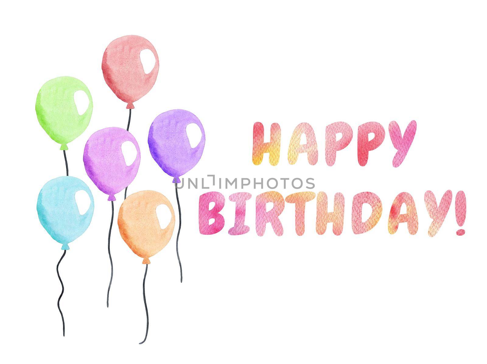 watercolor happy birthday card with multicolor balloons bunch isolated on white background. Horizontal color greeting banner by dreamloud