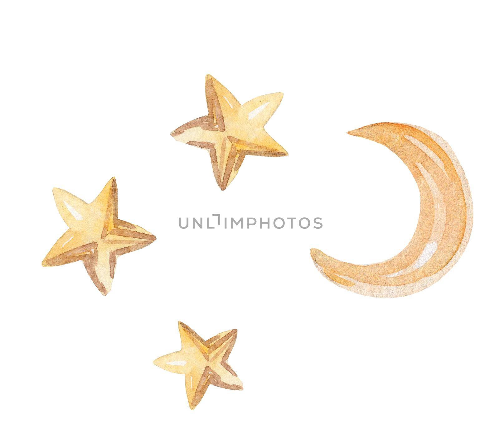 watercolor yellow moon and stars in the night sky isolated on white background.