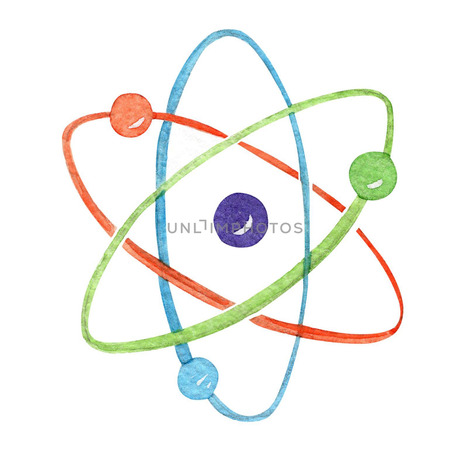 watercolor partical model of the atom isolated on white background. Hand drawn physics symbol illustration by dreamloud