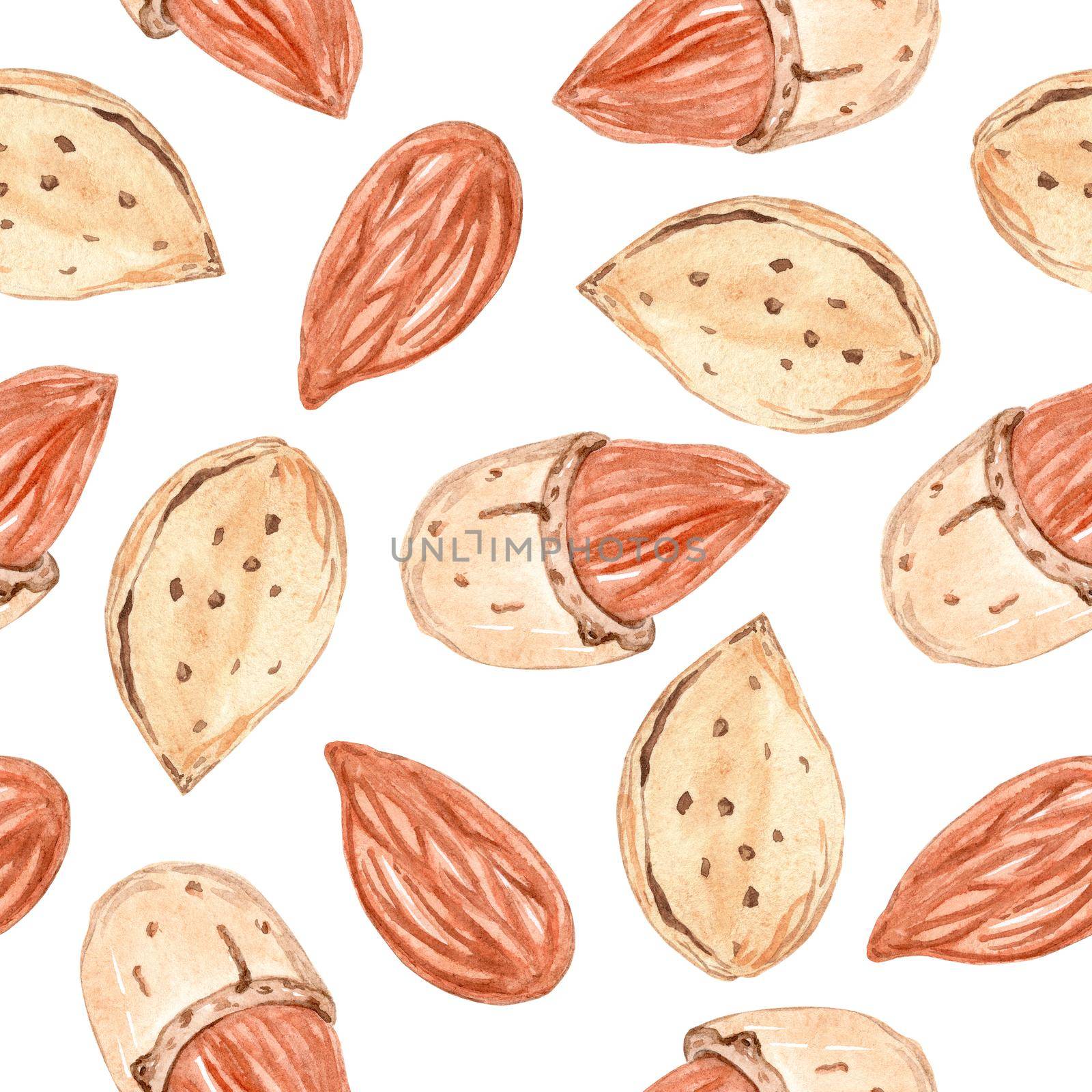 Watercolor almond nuts seamless pattern on white background. Print for fabric, textile, wrapping, scrapbook, wallpaper