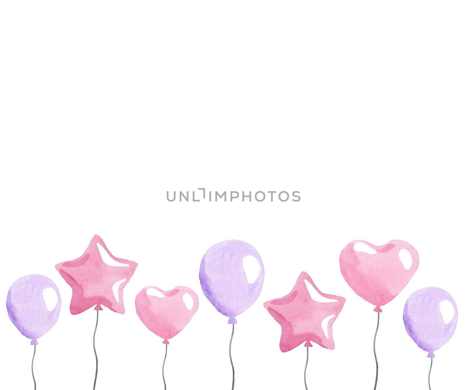 watercolor pink balloons border isolated on white background for baby shower decoration, birthday card frame, invitation design, banner by dreamloud