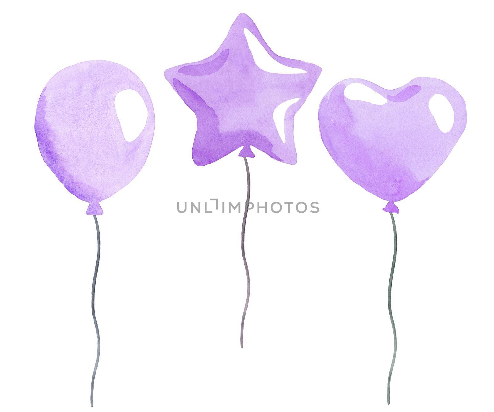 watercolor purple air balloons on white background. heart, star and ball shaped birthday balloons for party invitation by dreamloud