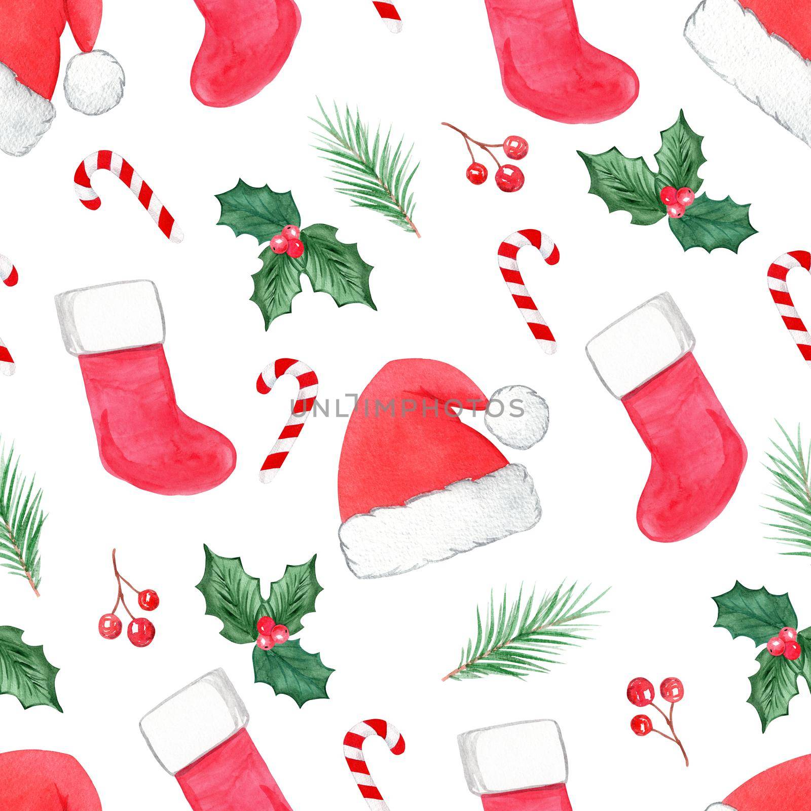 watercolor red santa hat and stocking seamless pattern on white background. Candy canes and holly branches christmas print. For fabric, textile, wrapping, scrapbook, wallpaper