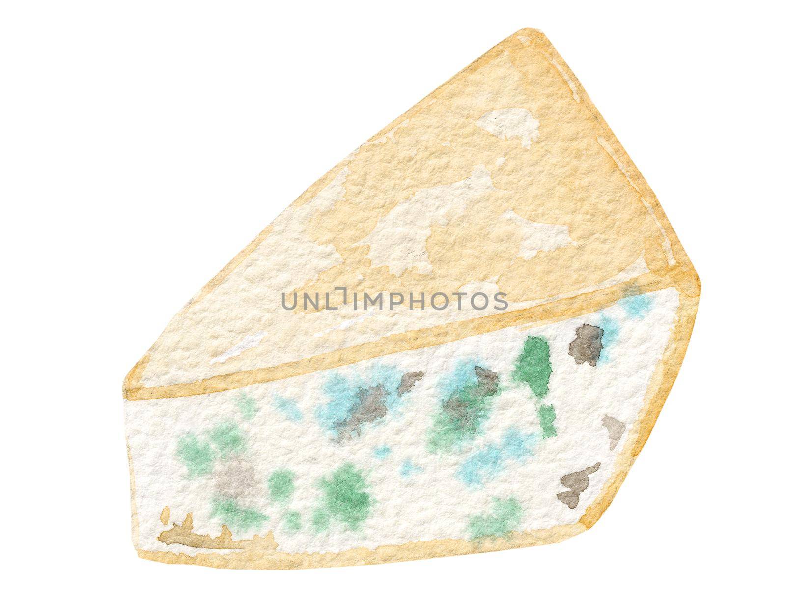 watercolor piece of blue cheese with mold isolated on white background. Dorblu slice by dreamloud