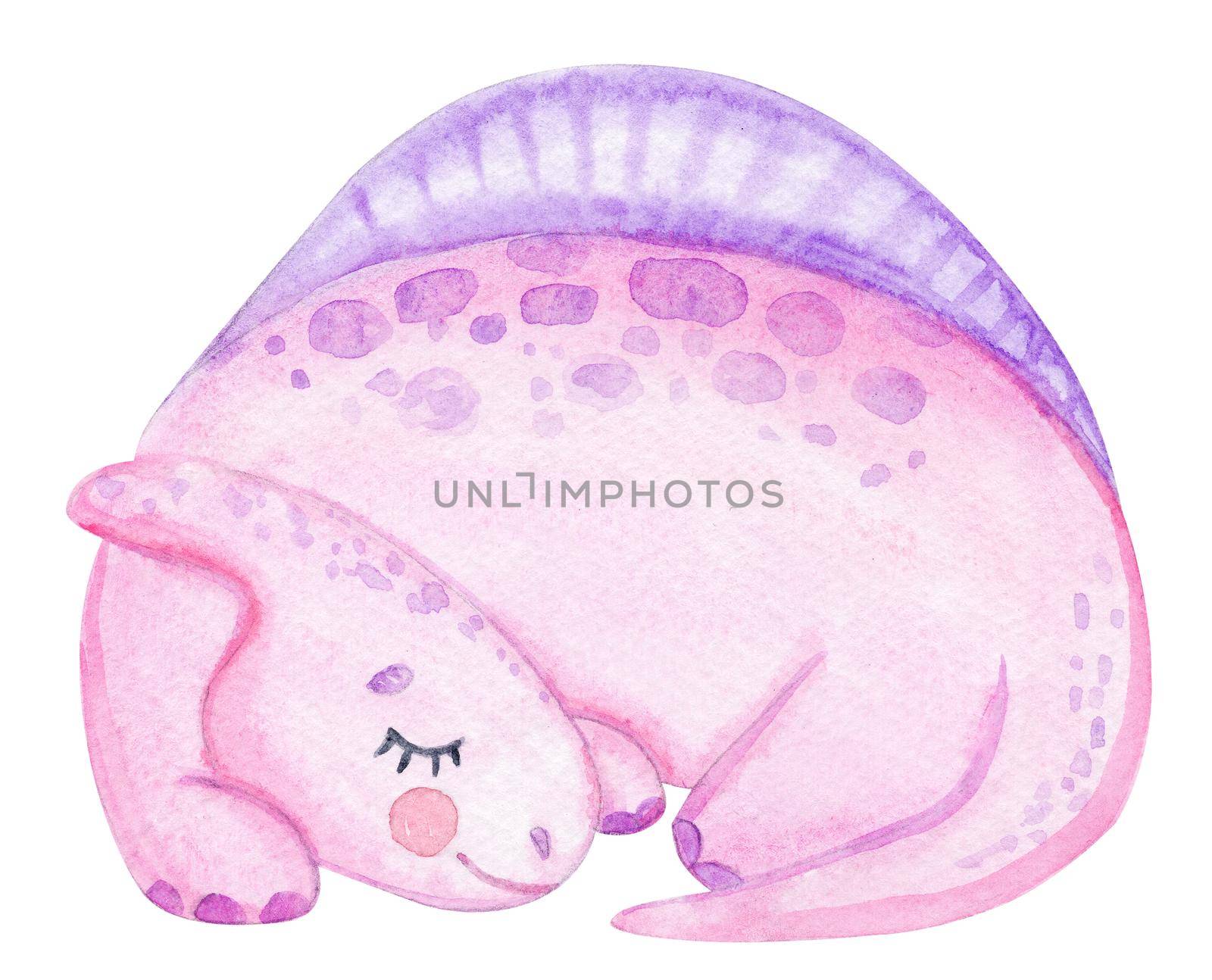 watercolor cute pink dinosaur sleeping isolated on white background. Baby dino illustration by dreamloud