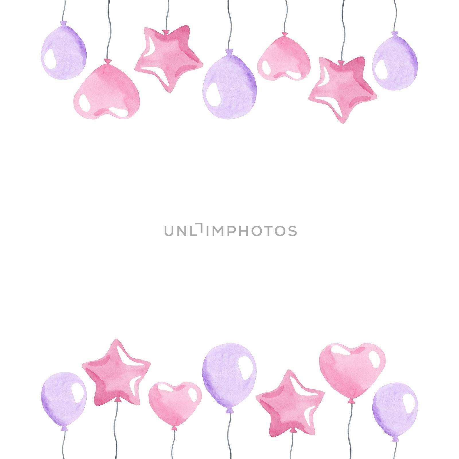 watercolor pink balloons borders isolated on white background for invitation frame, baby shower decoration, party cards by dreamloud