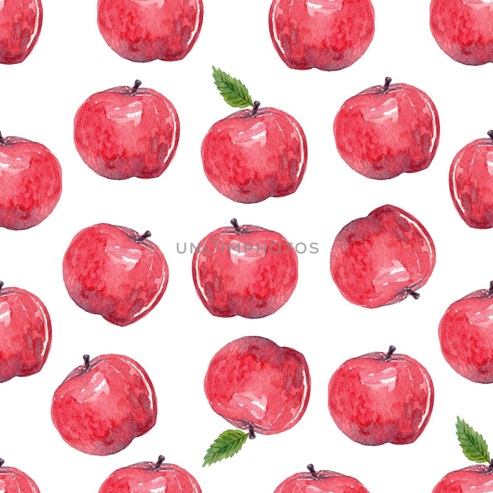 watercolor red apples with leaves seamless pattern on white background for fabric, textile, wrapping, scrapbooking