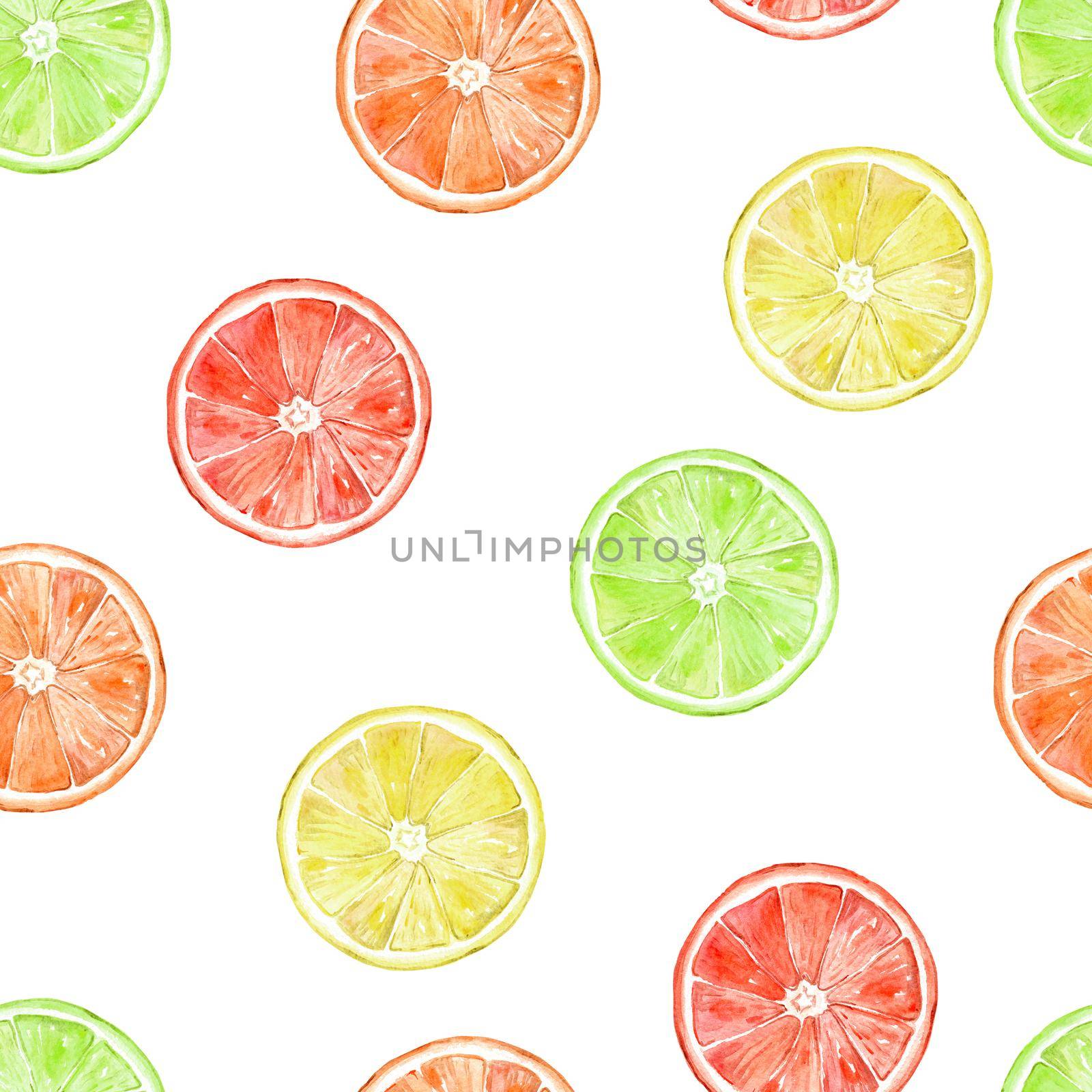 watercolor citrus seamless pattern on white background for fabric, textile, wrapping, scrapbooking