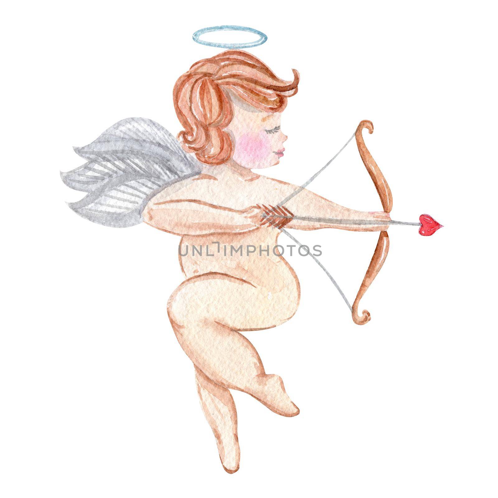 watercolor cupid with wings and bow with arrow isolated on white background for valentines day decorations . Cute angel . Little cherub