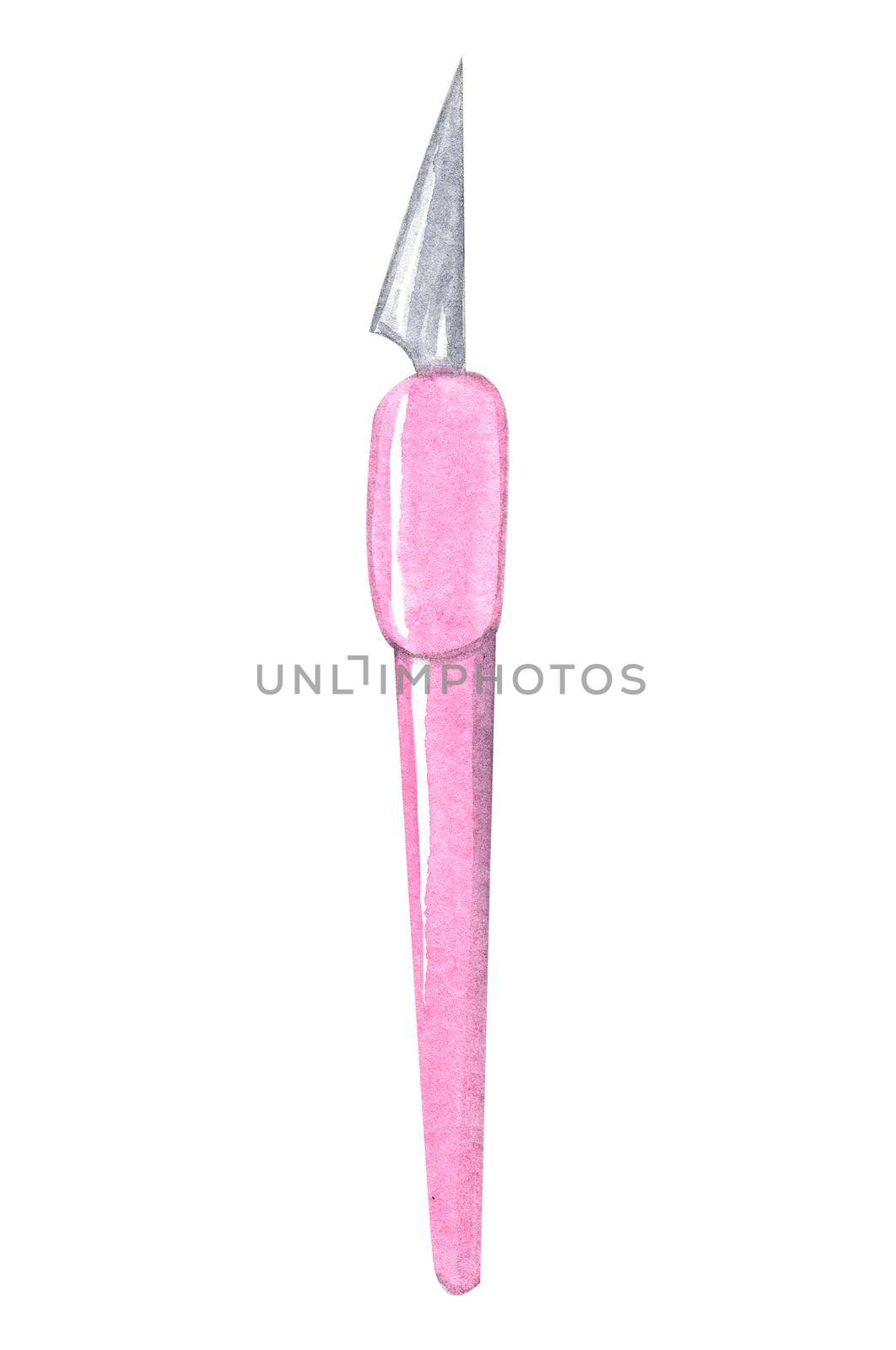 Watercolor pink scalpel tool for clay work isolated on white background