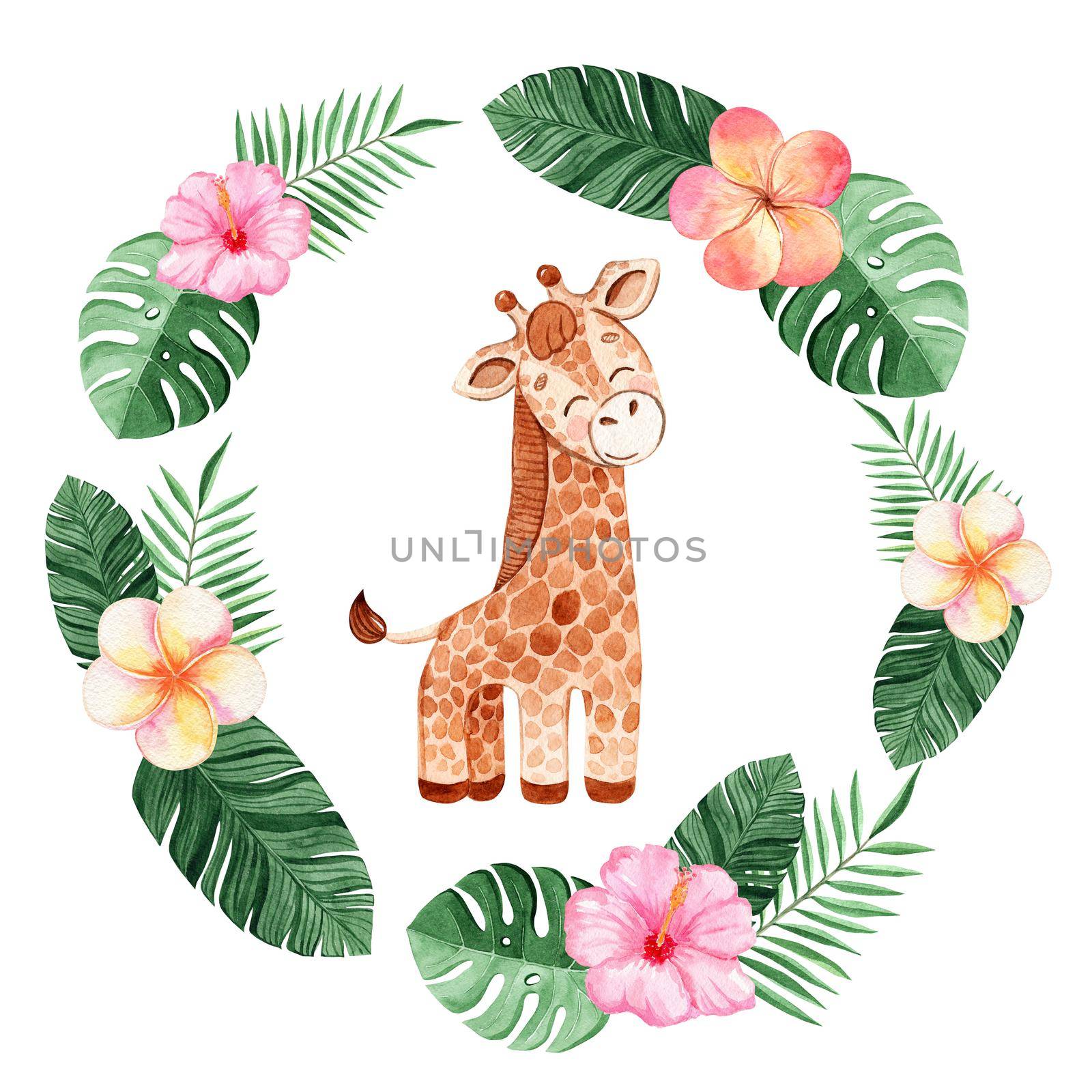 watercolor giraffe in round frame with tropical leaves and flowers isolated on white background by dreamloud