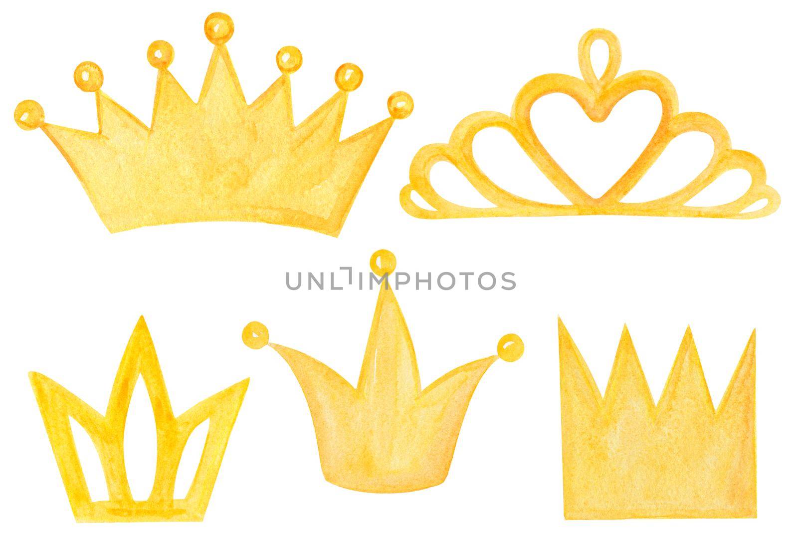 Watercolor yellow crowns set on white background. Cute hand drawn royal crowns illustrations