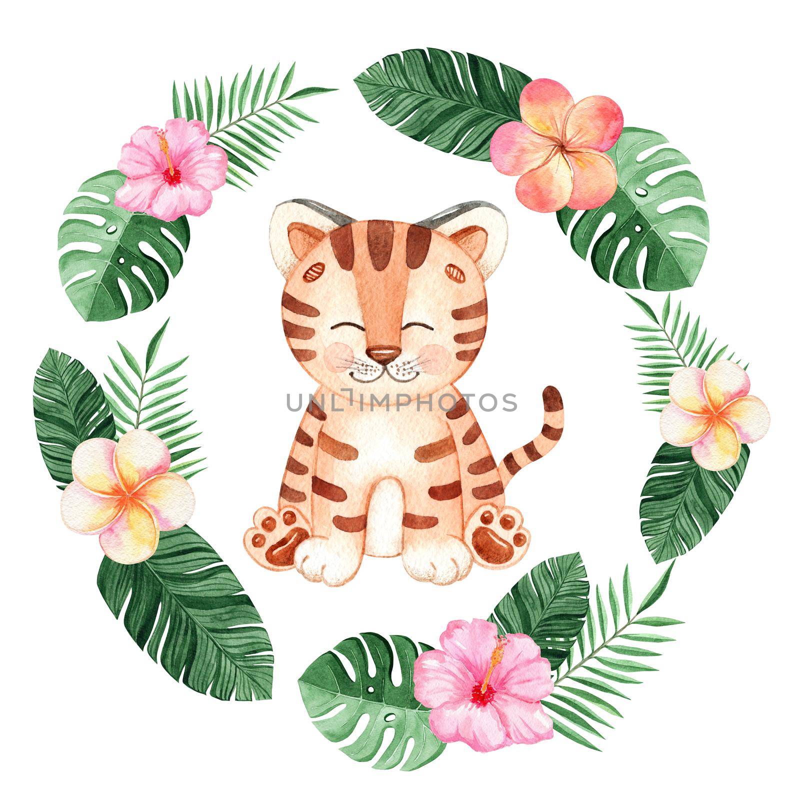 watercolor tiger in tropical flowers frame isolated on white background