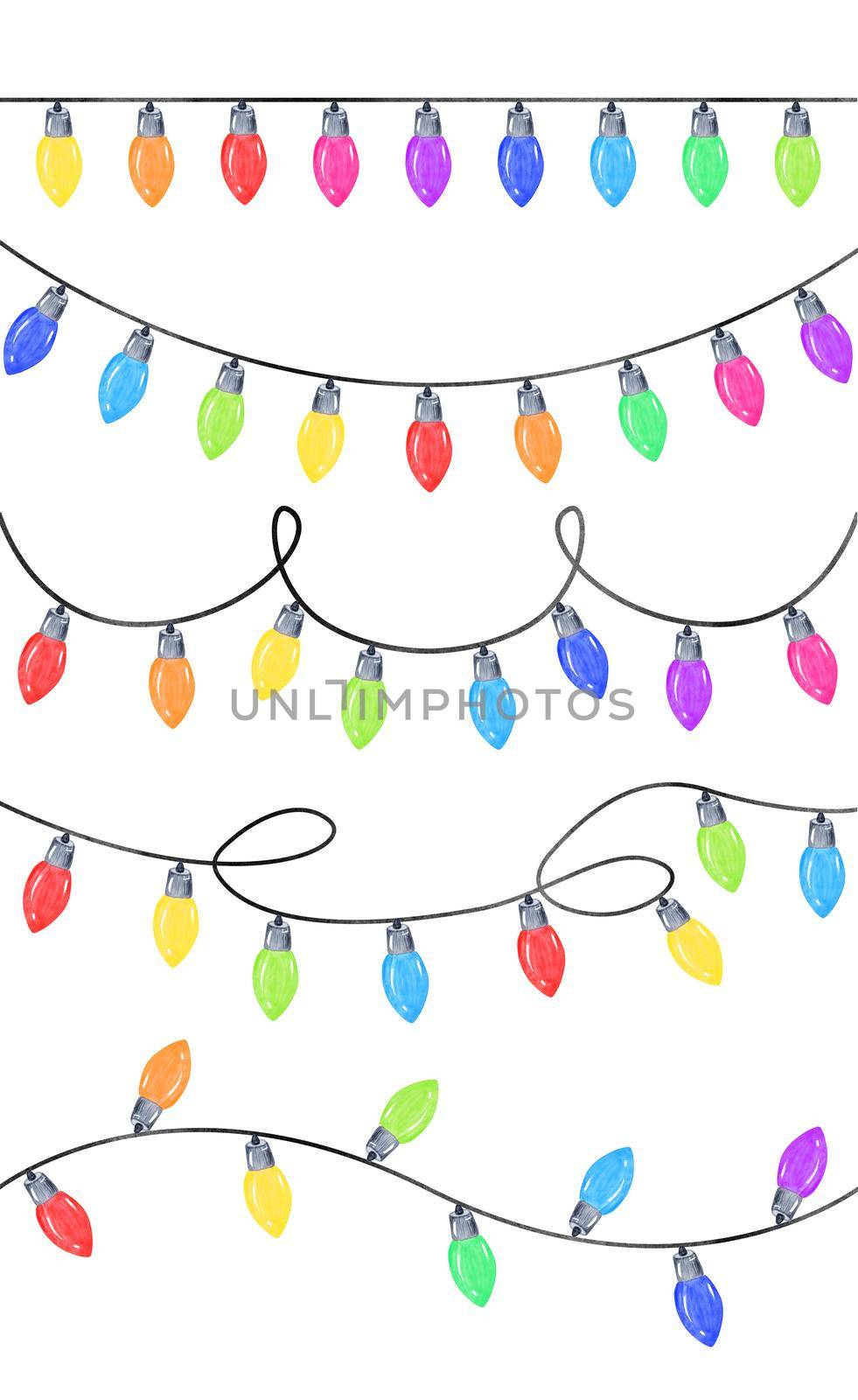 Watercolor christmas lights set isolated on white background. Various multicolor garlands for cards decoration