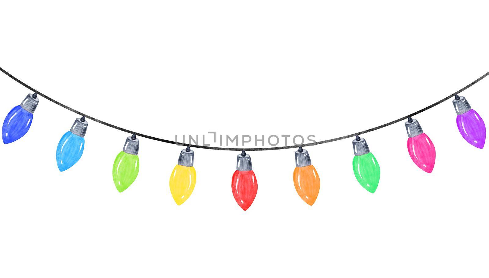 watercolor garland with color light bulbs isolated on white background. Christmas and birthday decoration. Holiday greeting cards border