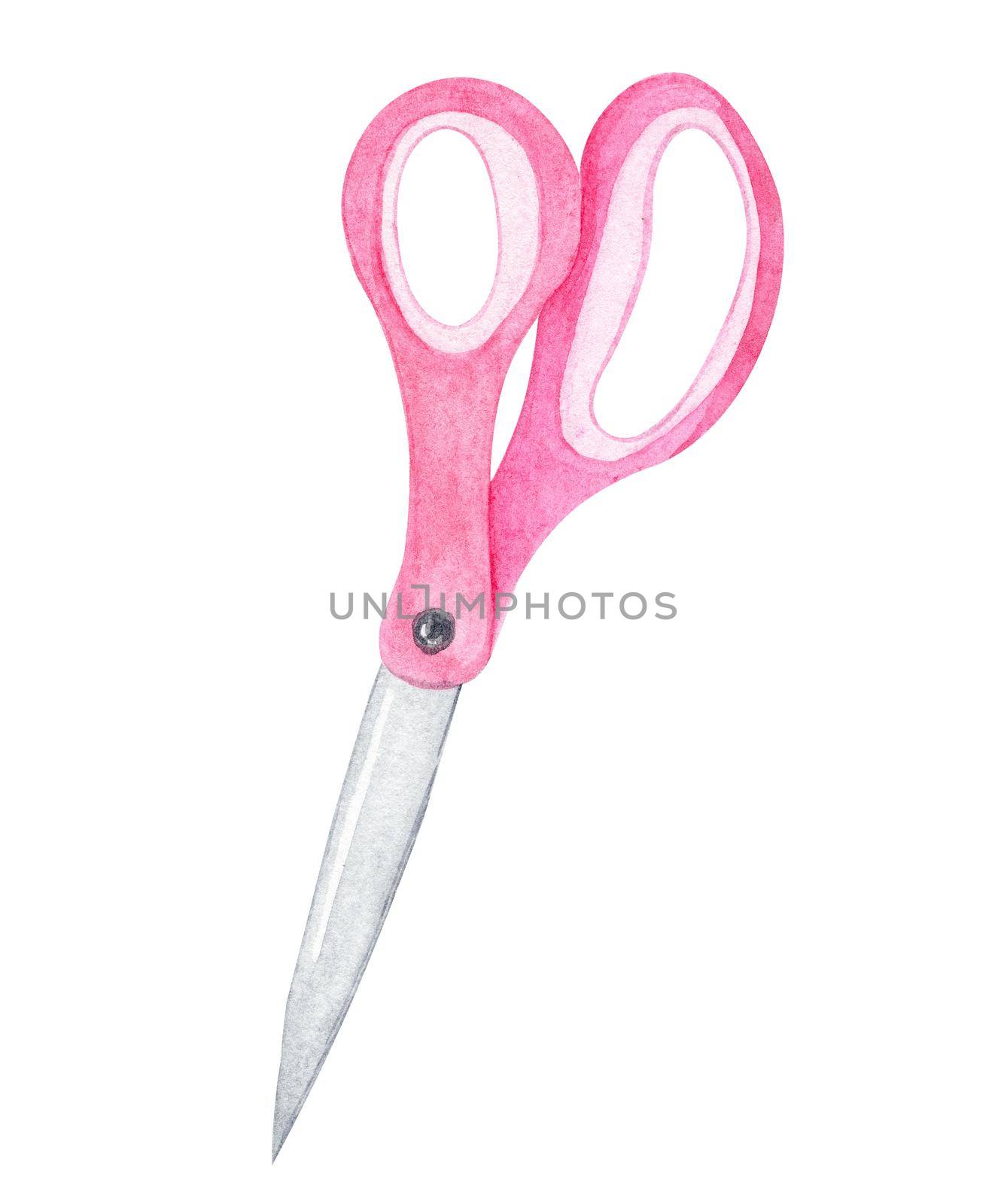 watercolor pink scissors isolated on white background. Hand drawn craft tool illustration