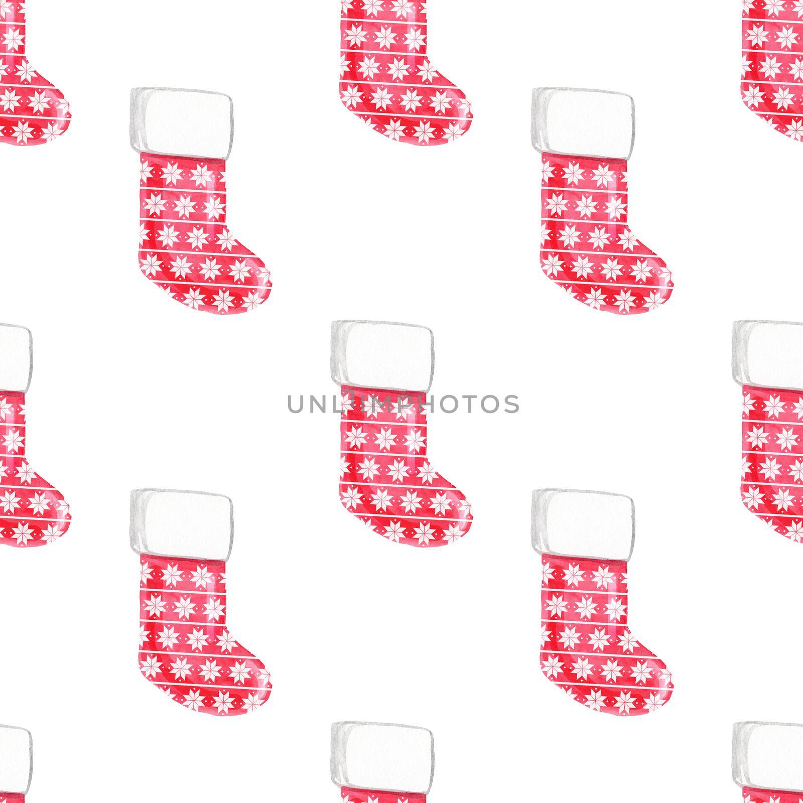 watercolor red christmas stocking seamless pattern on white background. For fabric, textile, wrapping, scrapbooking, wallpaper