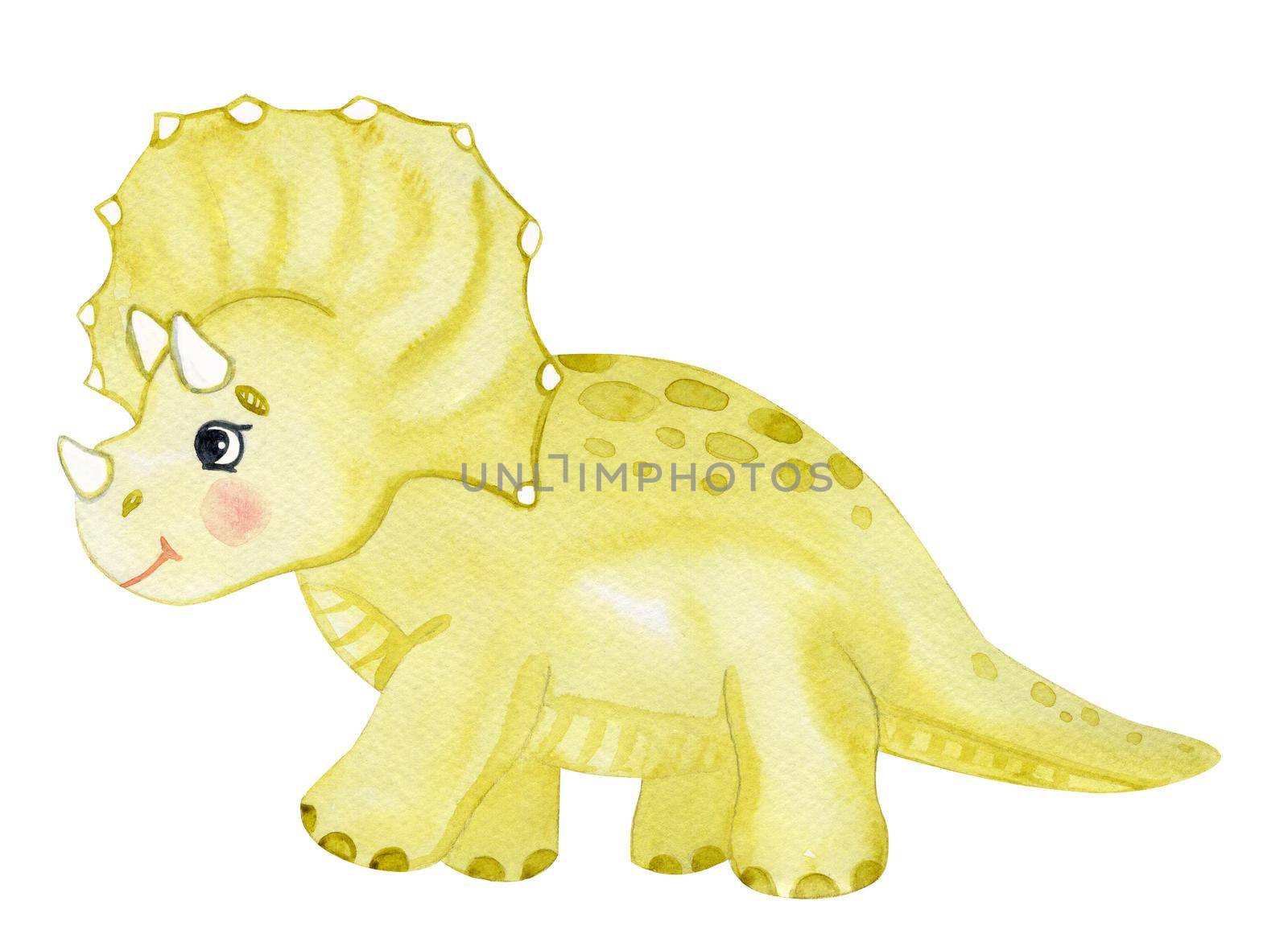 watercolor green cute dinosaur isolated on white background. Hand drawn triceratops by dreamloud