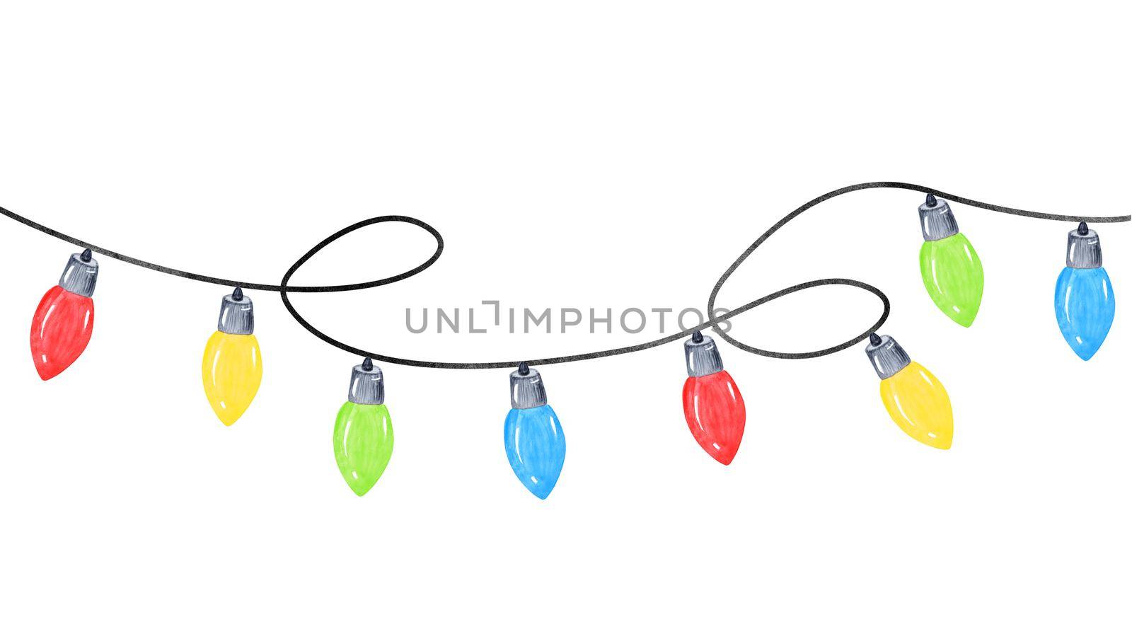 watercolor multicolor garland with light bulbs isolated on white background. Christmas decoration for greeting cards and banners